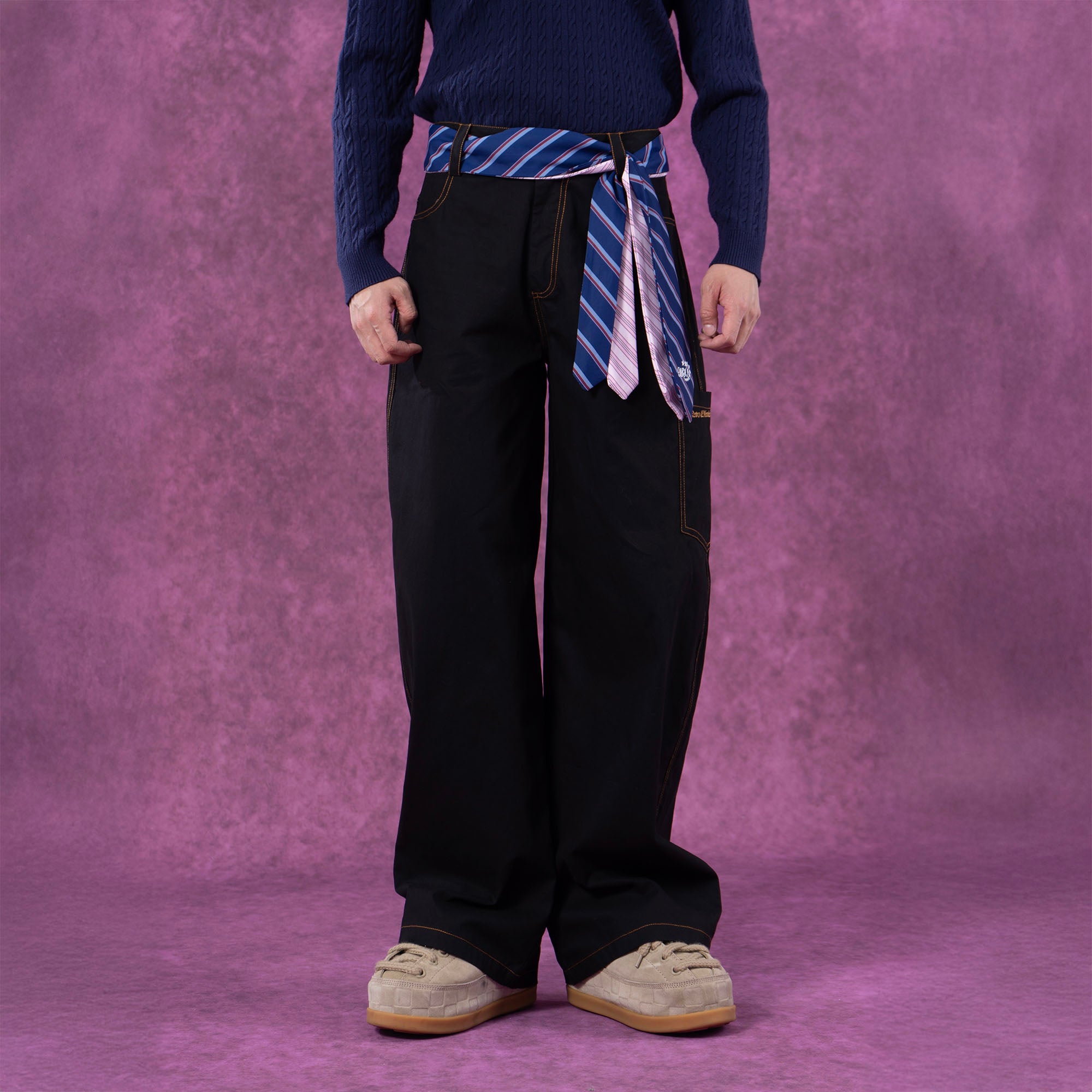 CLP Tie-Belt Multi-Pockets Stitched Pants