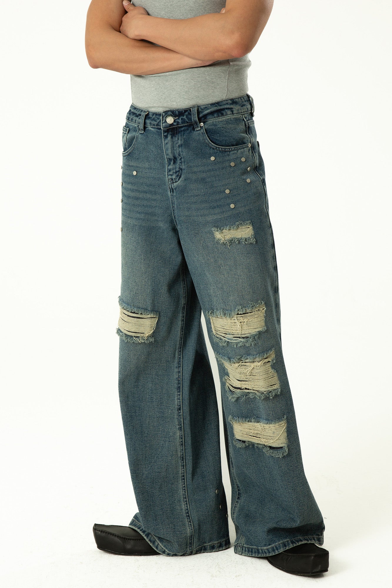 CLP Retro Washed Distressed Rivet Jeans, premium urban and streetwear designers apparel on PROJECTISR.com, CLP