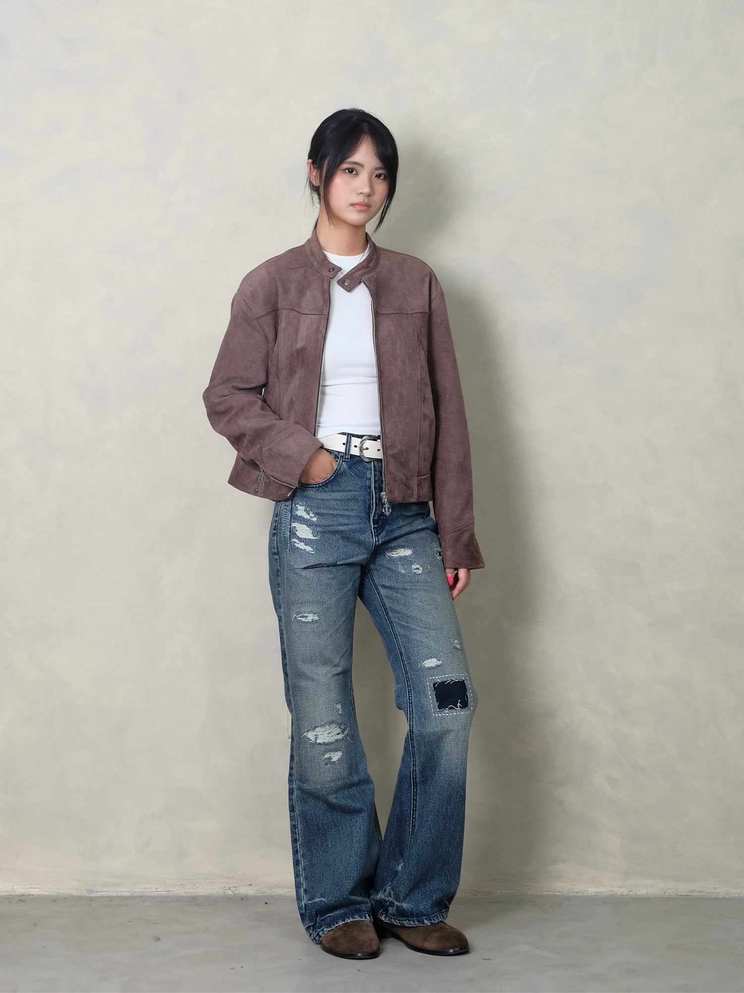 IN EXISTENCE Paneled Faux Suede Rivet Biker Jacket