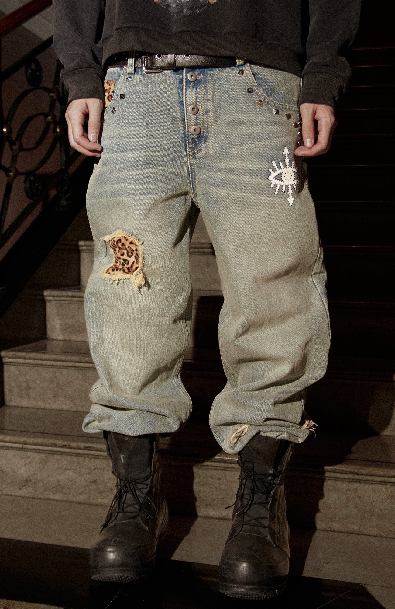 PHANTOMHUNTER Washed Leopard Patch Baggy Jeans
