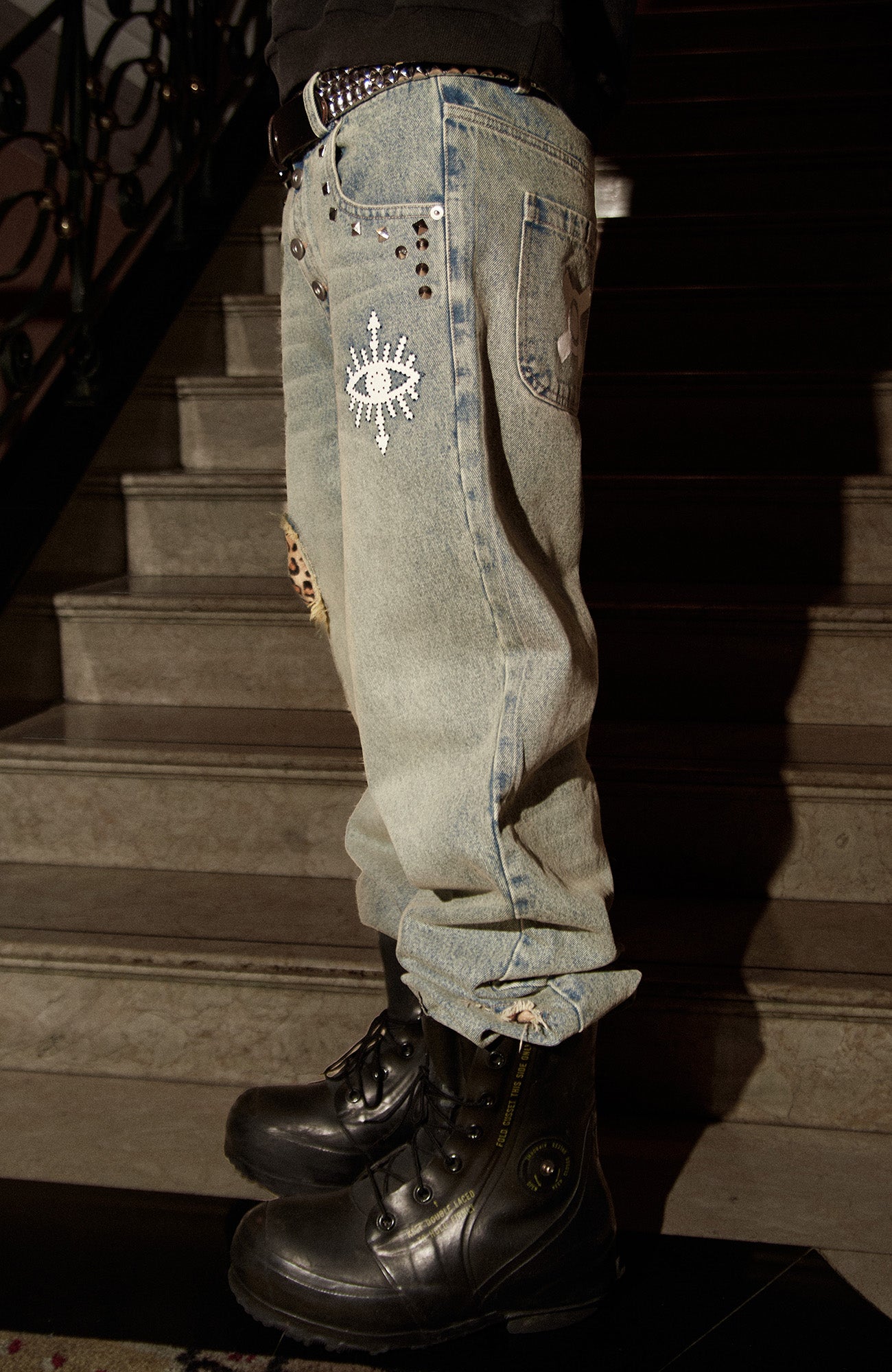 PHANTOMHUNTER Washed Leopard Patch Baggy Jeans, premium urban and streetwear designers apparel on PROJECTISR.com, PHANTOMHUNTER