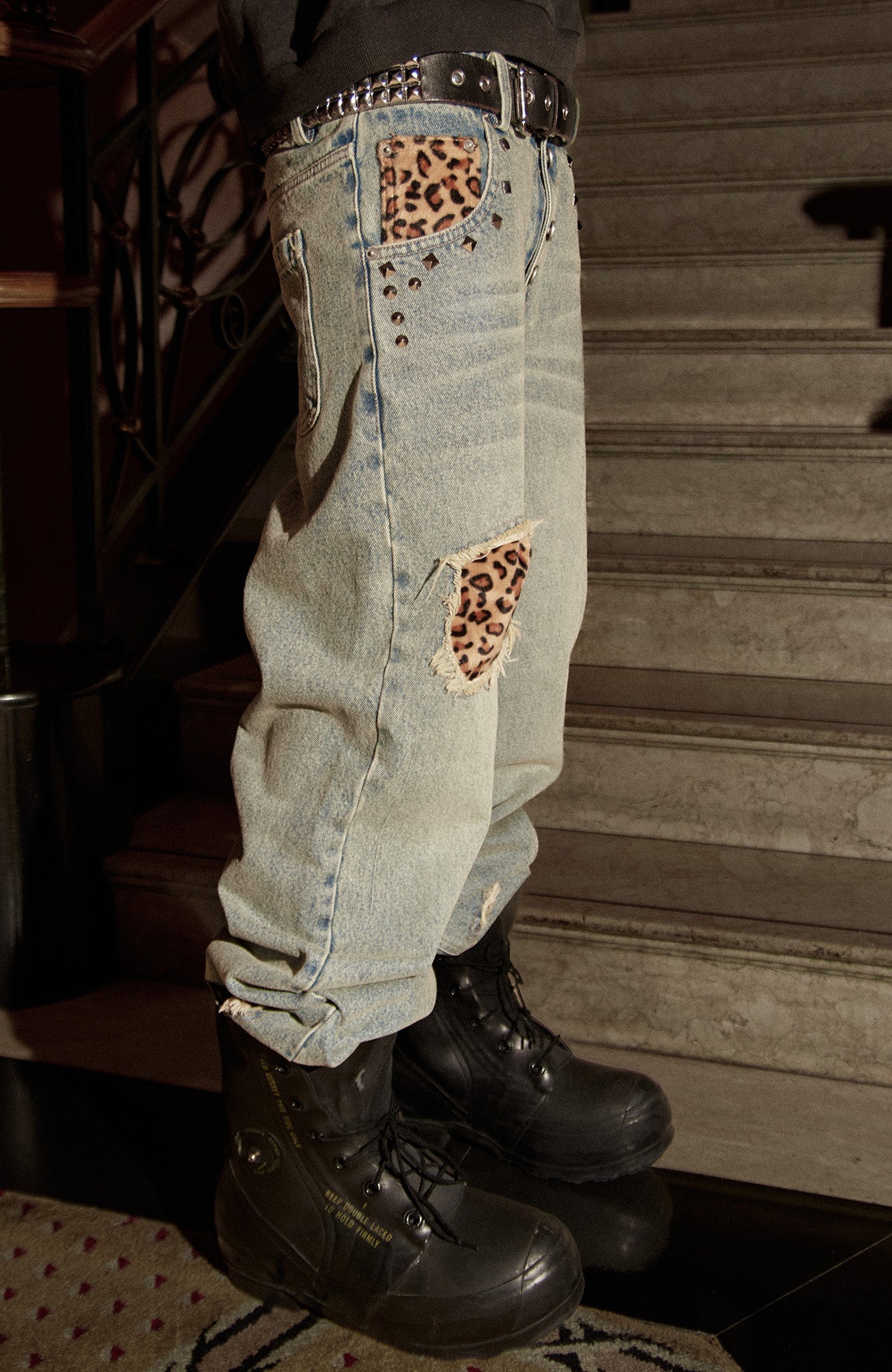 PHANTOMHUNTER Washed Leopard Patch Baggy Jeans