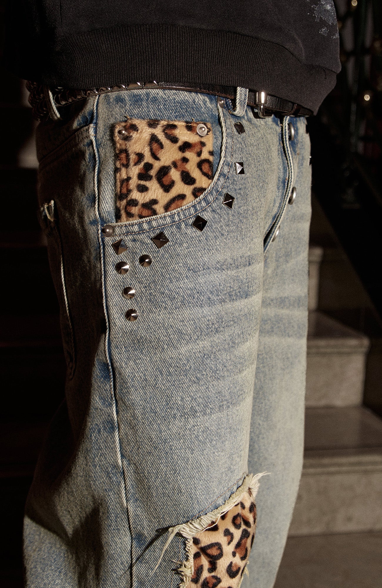 PHANTOMHUNTER Washed Leopard Patch Baggy Jeans, premium urban and streetwear designers apparel on PROJECTISR.com, PHANTOMHUNTER