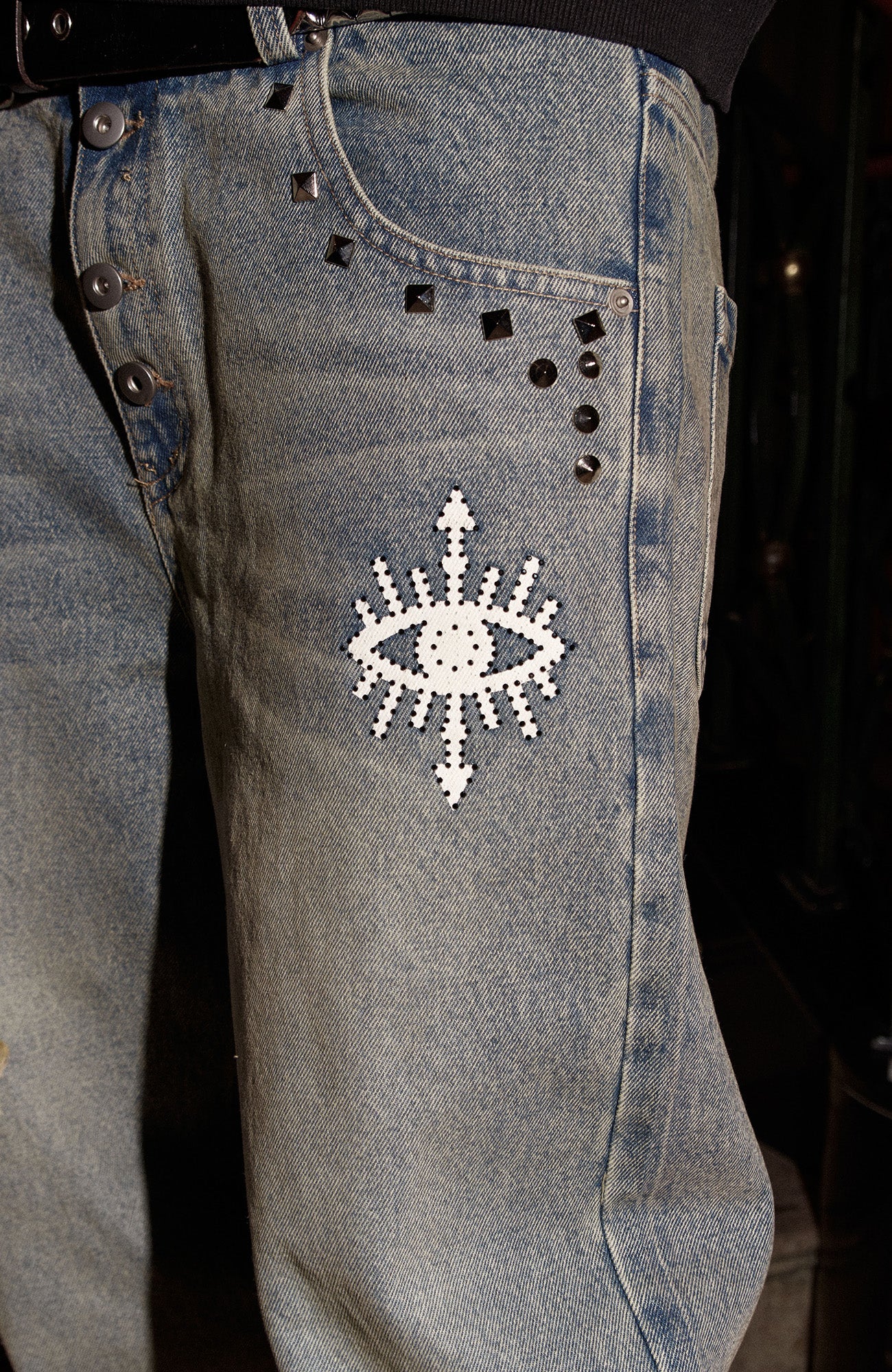 PHANTOMHUNTER Washed Leopard Patch Baggy Jeans, premium urban and streetwear designers apparel on PROJECTISR.com, PHANTOMHUNTER