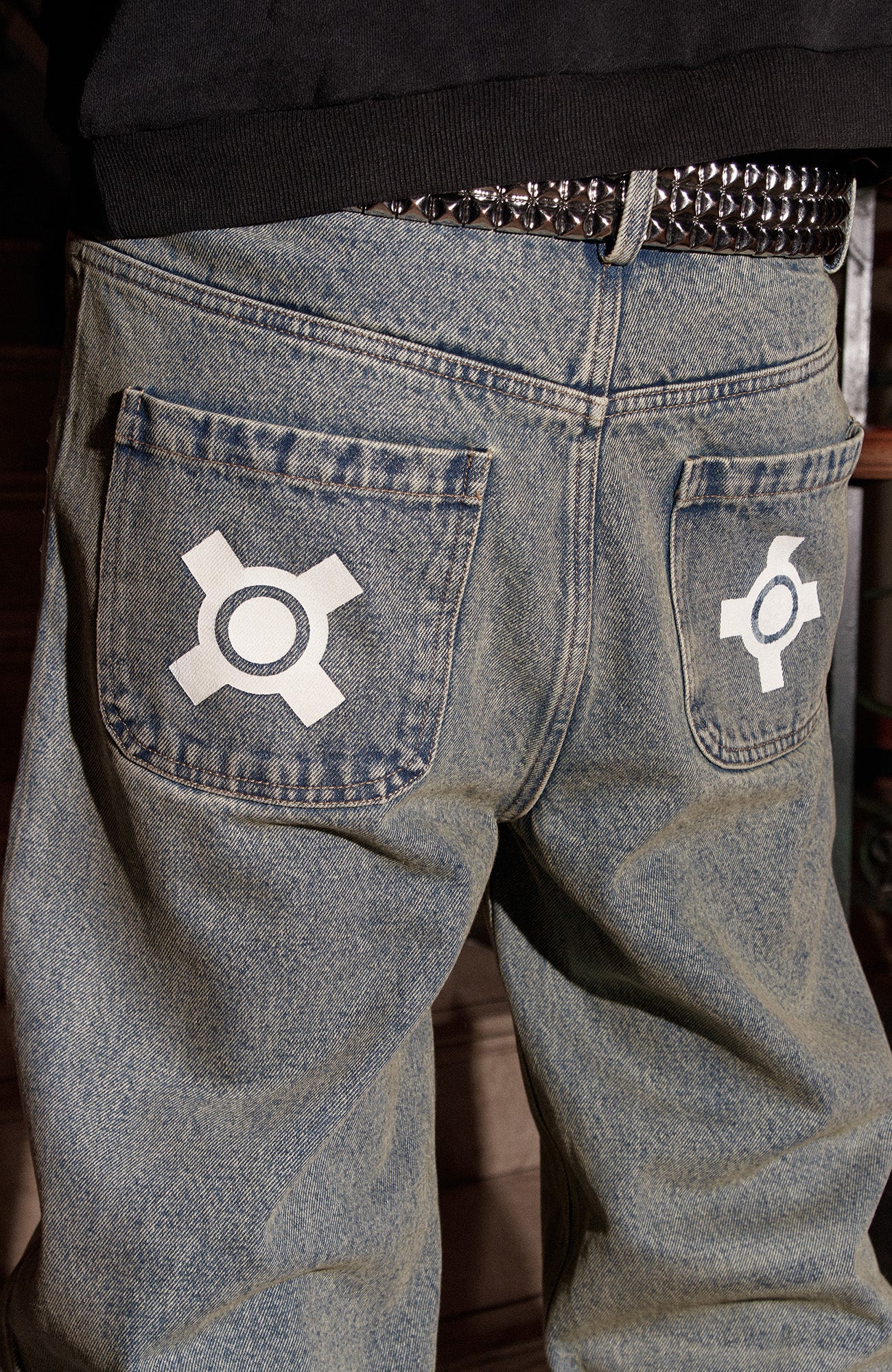 PHANTOMHUNTER Washed Leopard Patch Baggy Jeans, premium urban and streetwear designers apparel on PROJECTISR.com, PHANTOMHUNTER