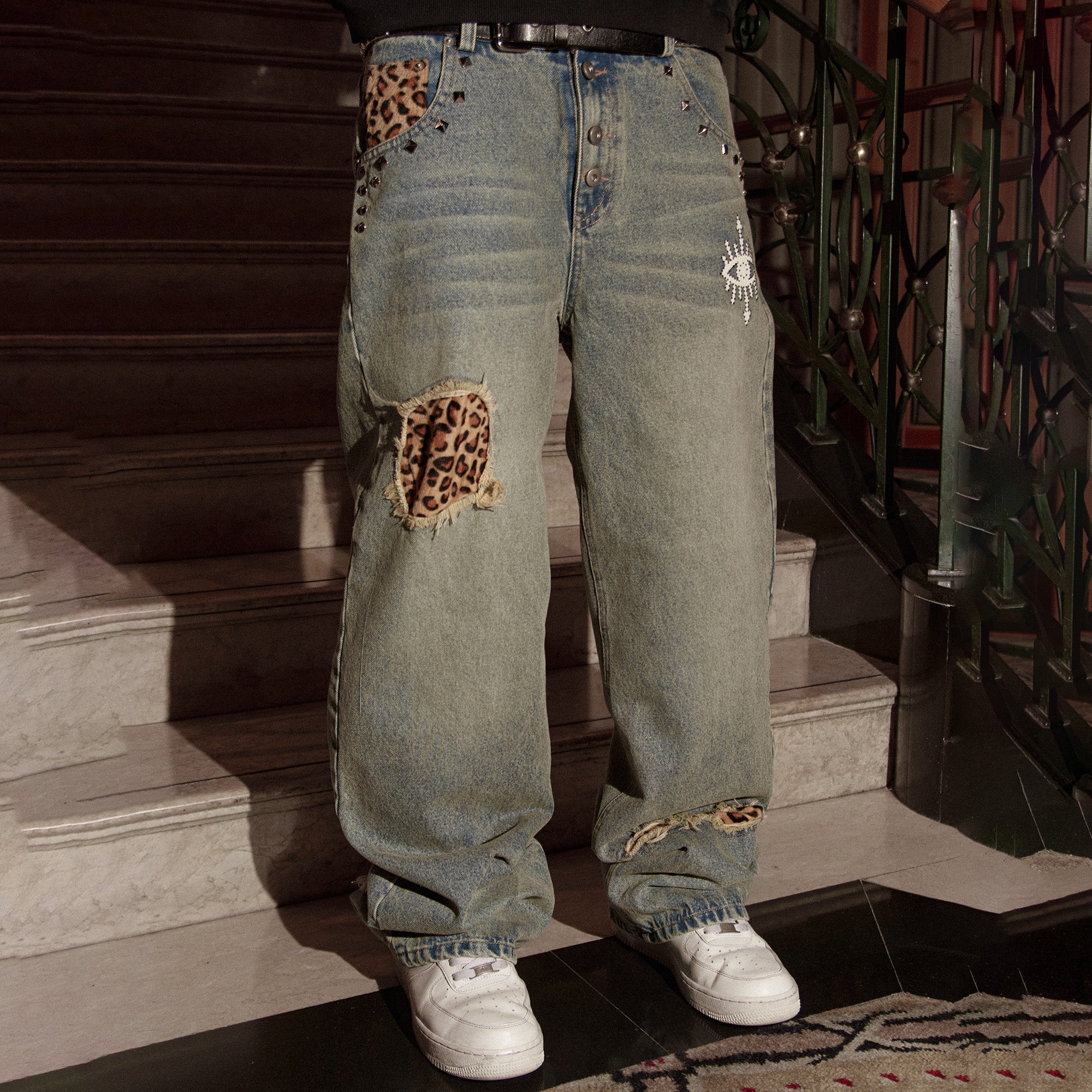 PHANTOMHUNTER Washed Leopard Patch Baggy Jeans, premium urban and streetwear designers apparel on PROJECTISR.com, PHANTOMHUNTER