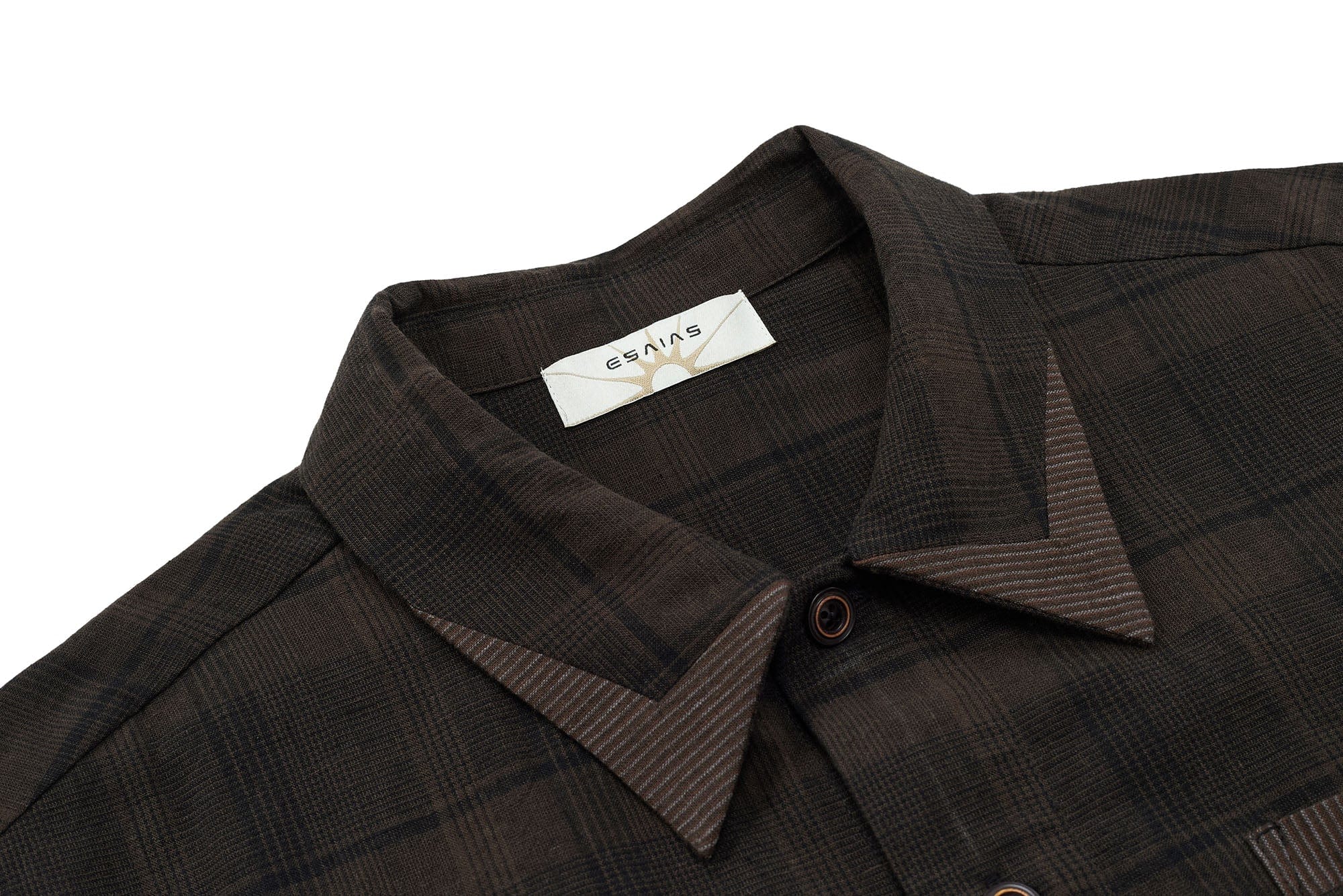 ESAIAS Plaid Layered Raw-Edge Half Shirt Brown, premium urban and streetwear designers apparel on PROJECTISR.com, ESAIAS