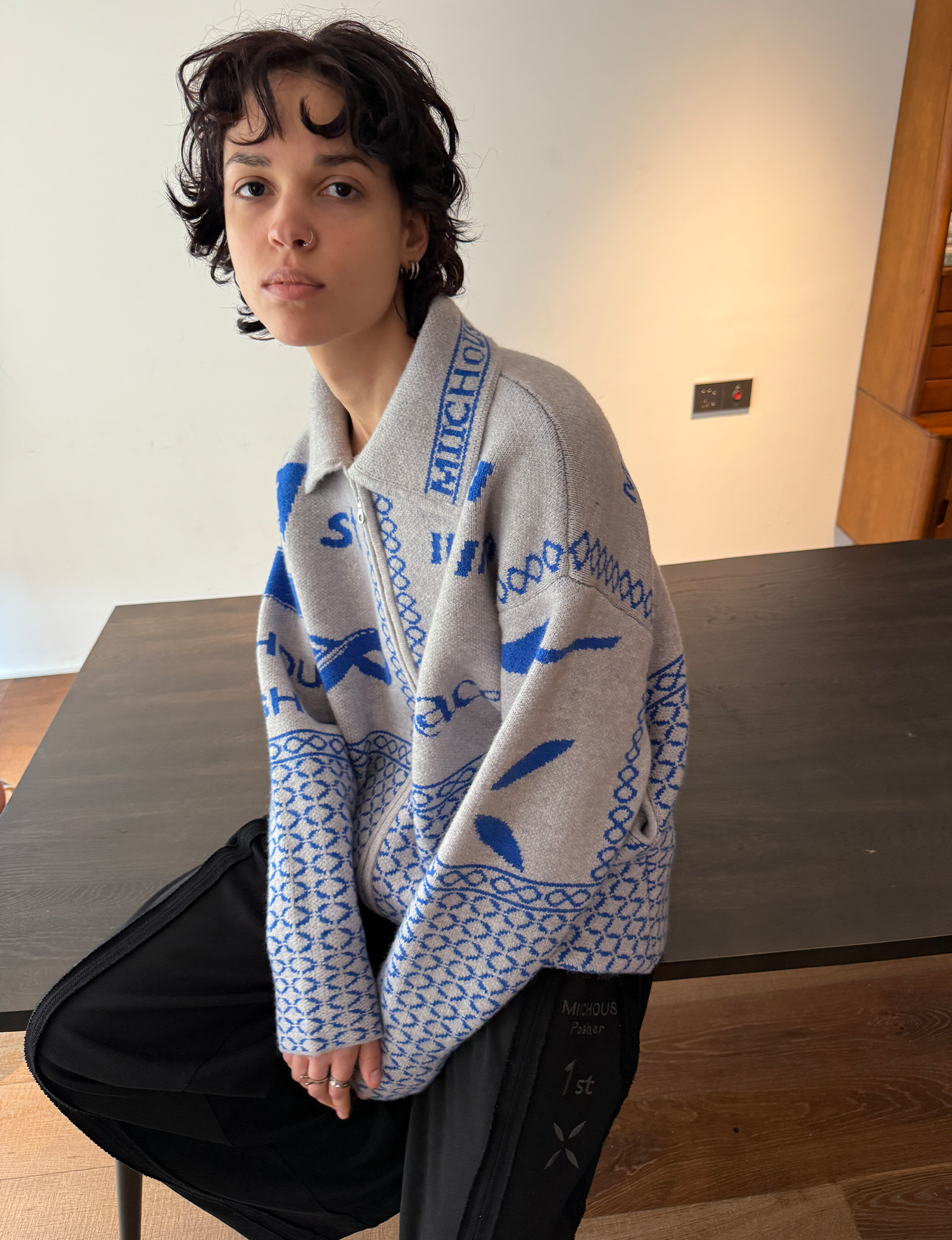 MIICHOUS Racer Geometric Jacquard Zip-Up Cardigan