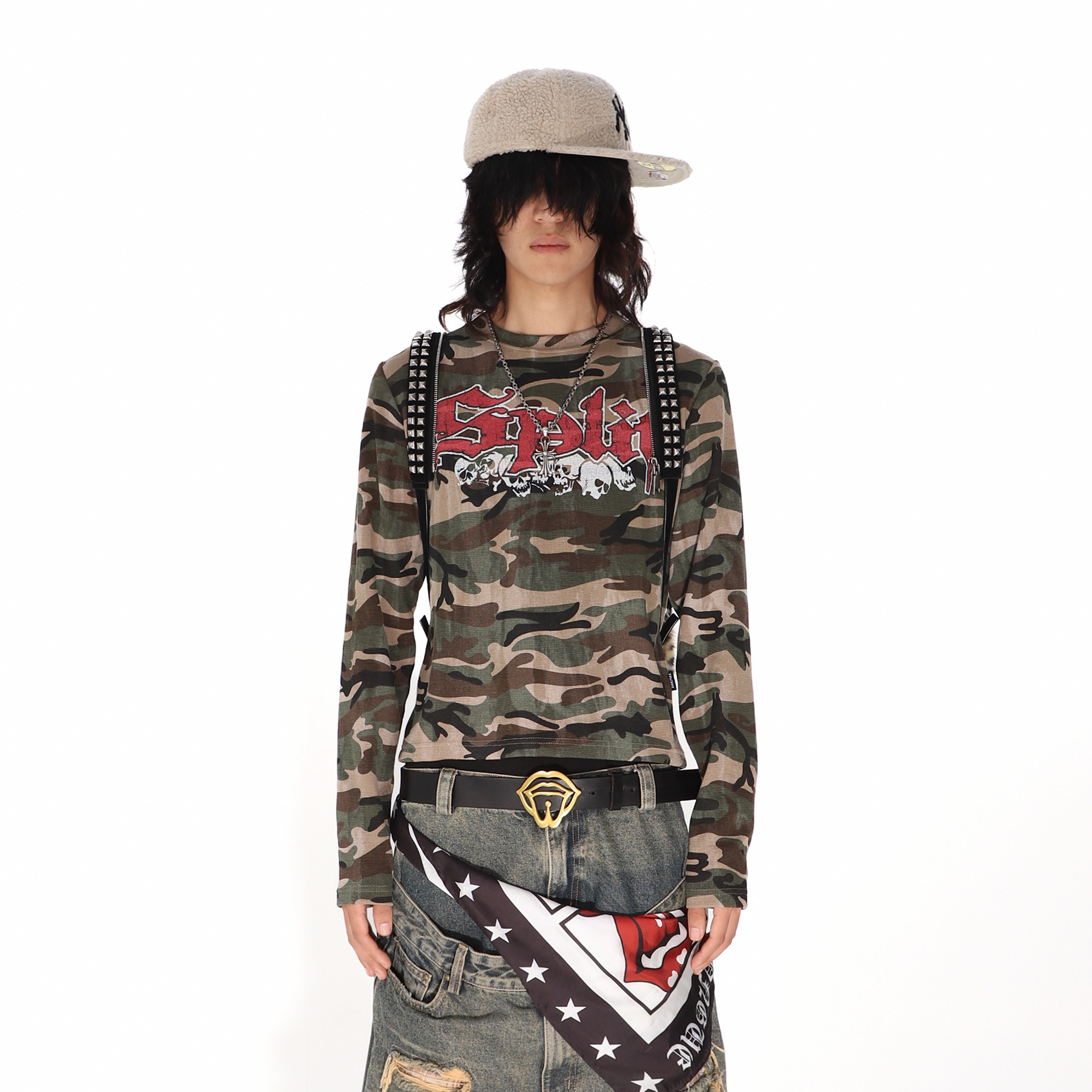THEWET Camo Skull Graphic Waffle Long-Sleeve Tee