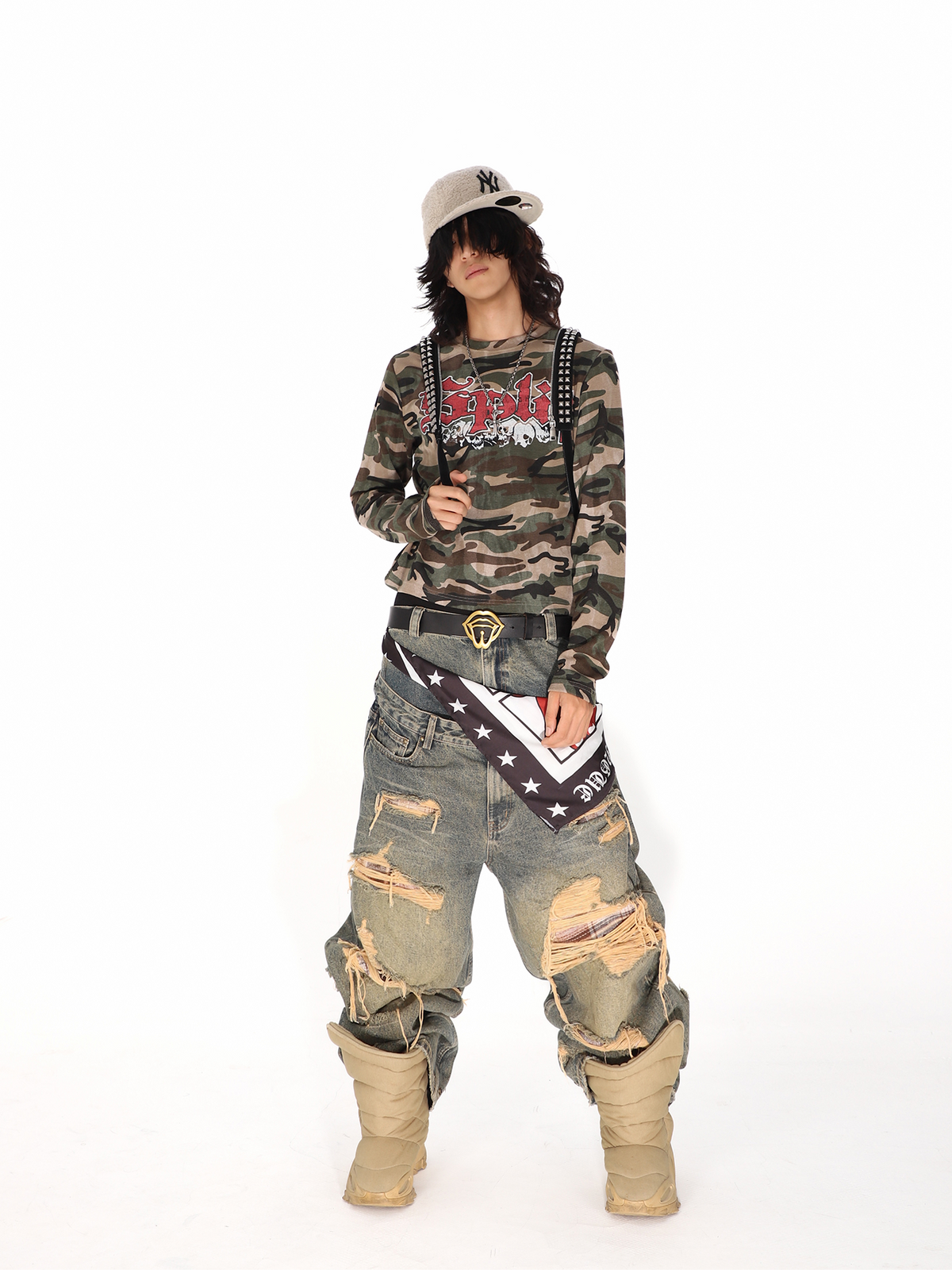 THEWET Camo Skull Graphic Waffle Long-Sleeve Tee