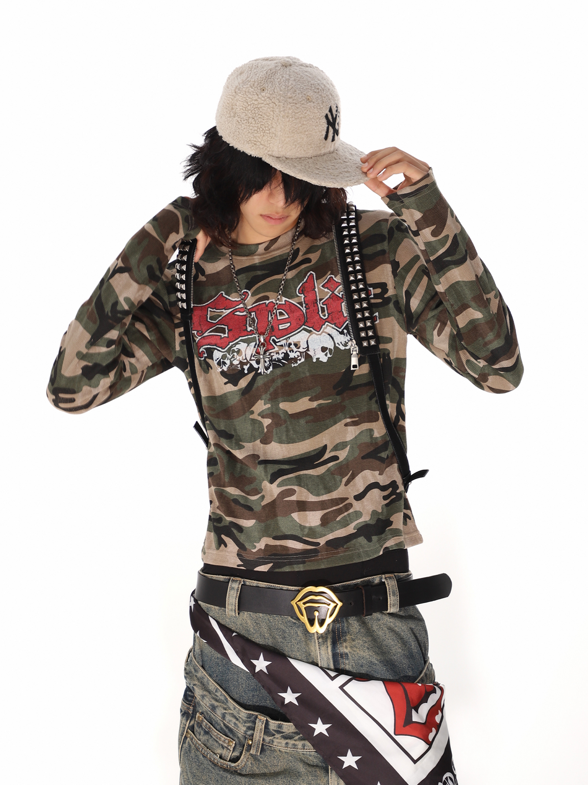 THEWET Camo Skull Graphic Waffle Long-Sleeve Tee