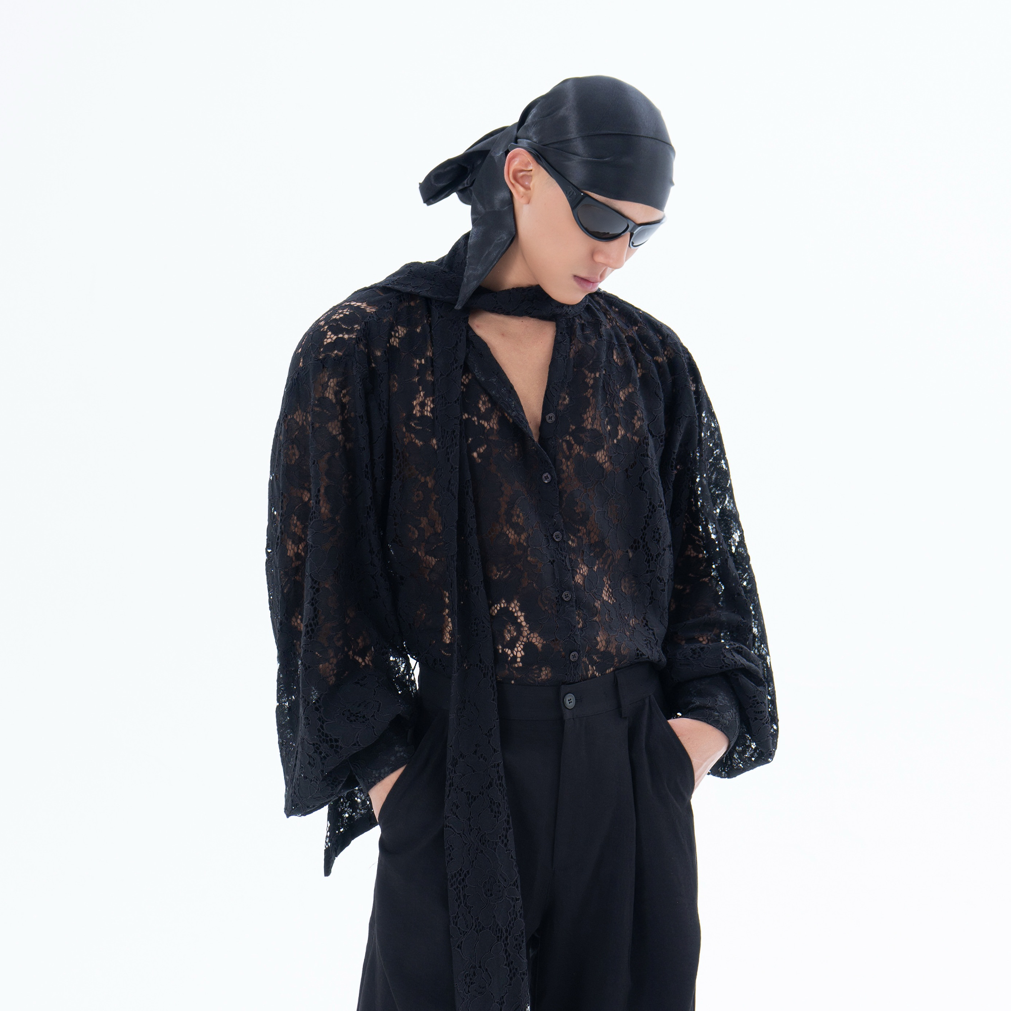 CLP Floral Lace Tie-Neck Shirt