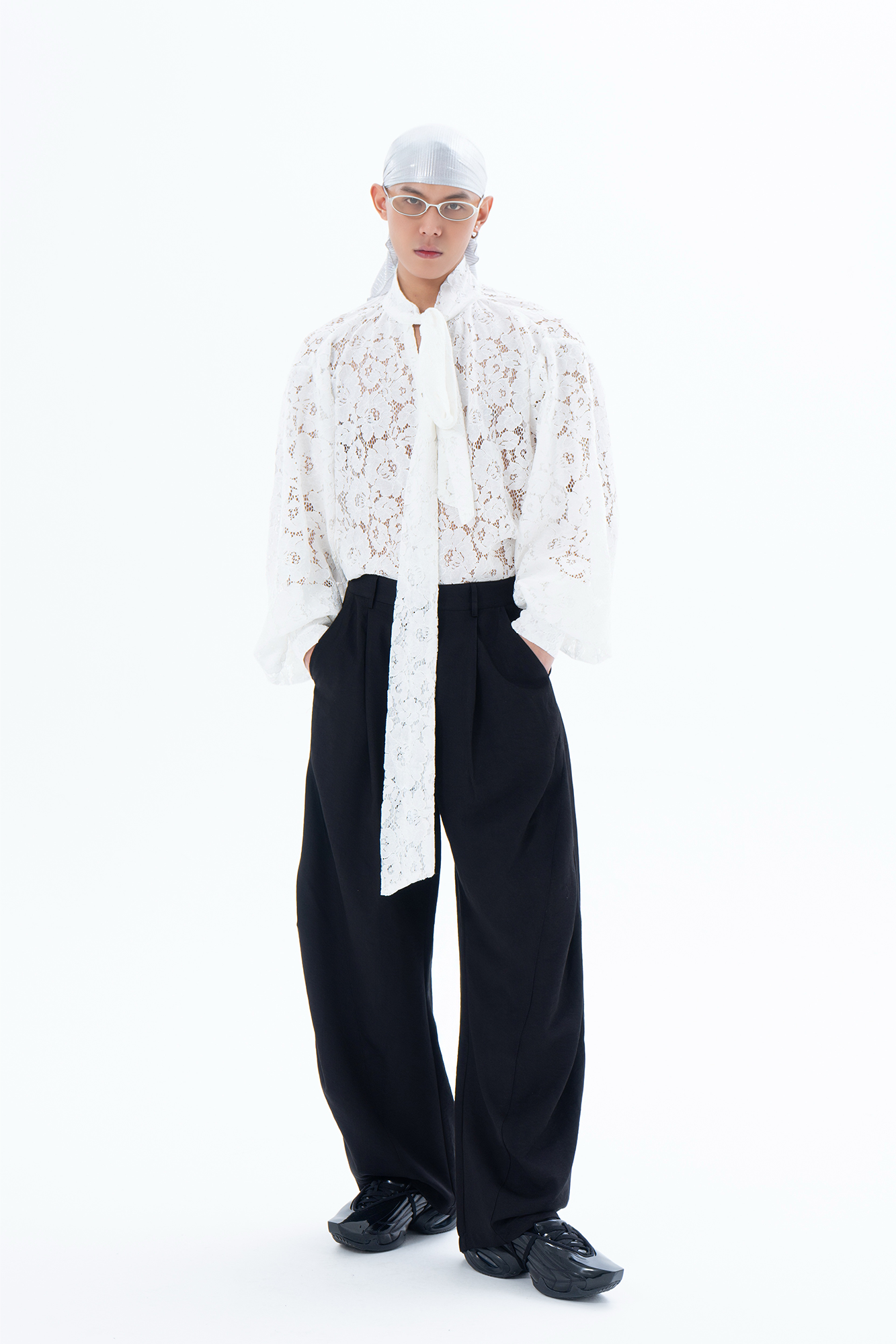 CLP Floral Lace Tie-Neck Shirt