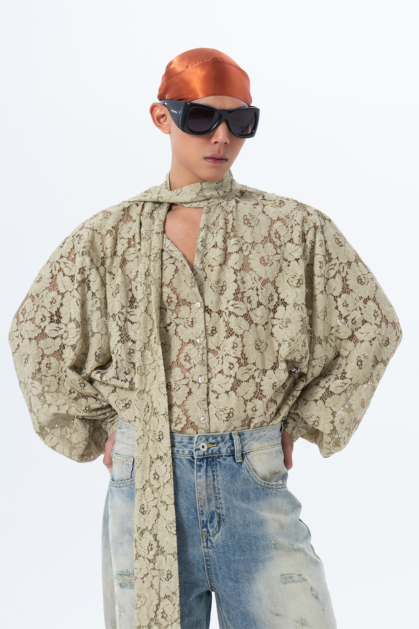 CLP Floral Lace Tie-Neck Shirt