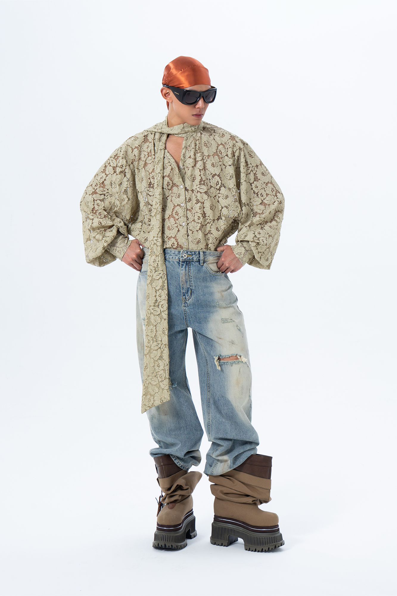 CLP Floral Lace Tie-Neck Shirt
