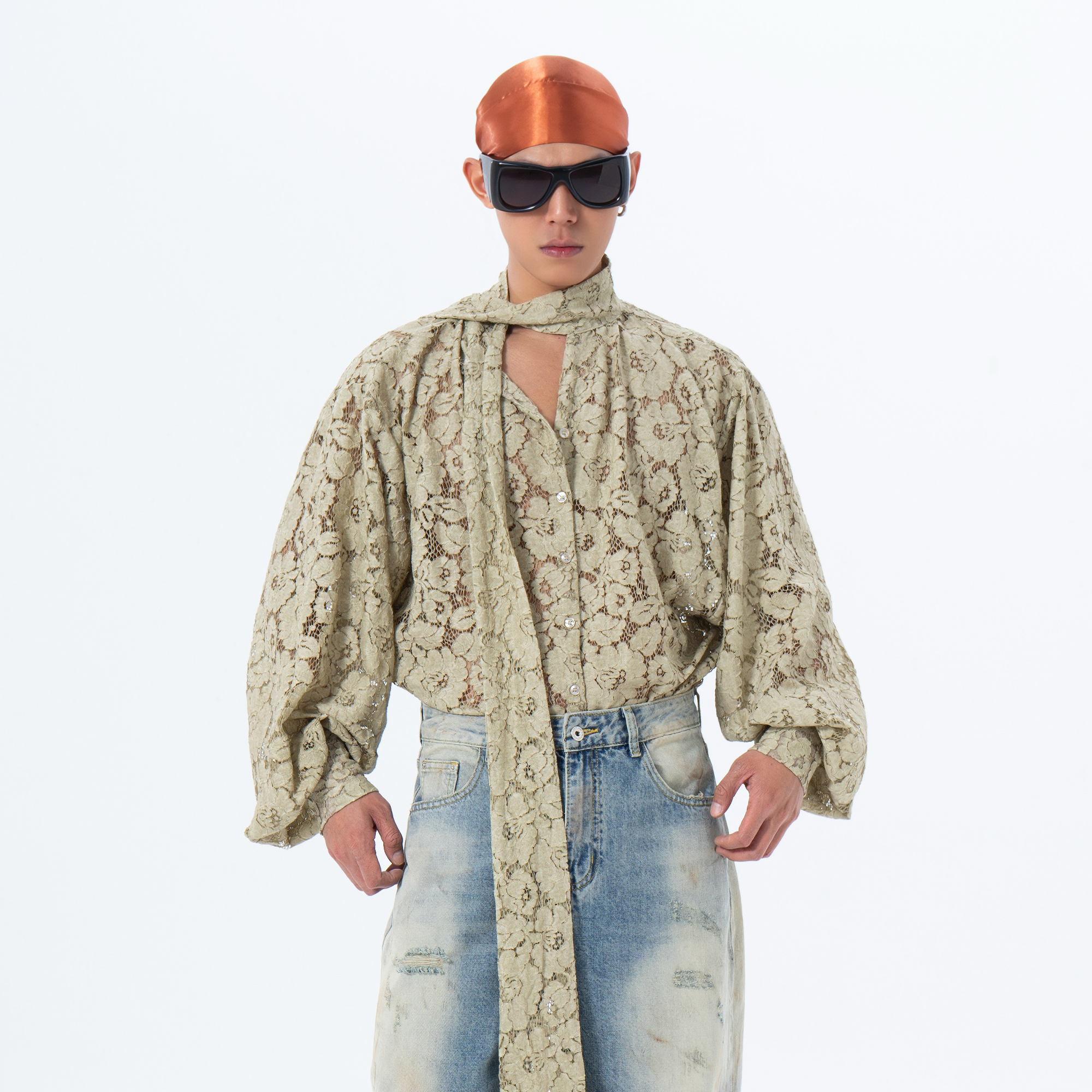 CLP Floral Lace Tie-Neck Shirt