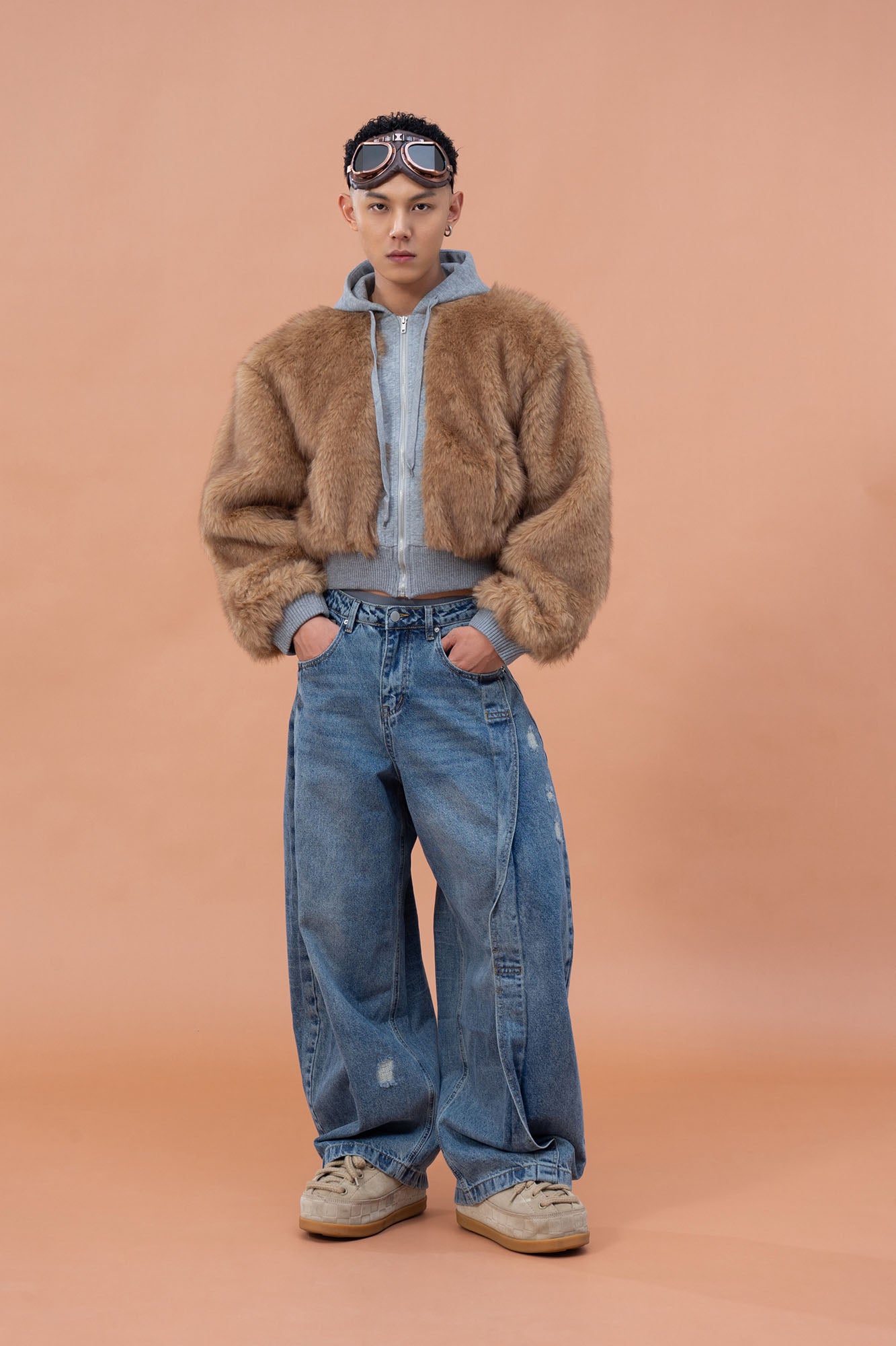 CLP Pleated Knee Wide-Leg Denim Pants