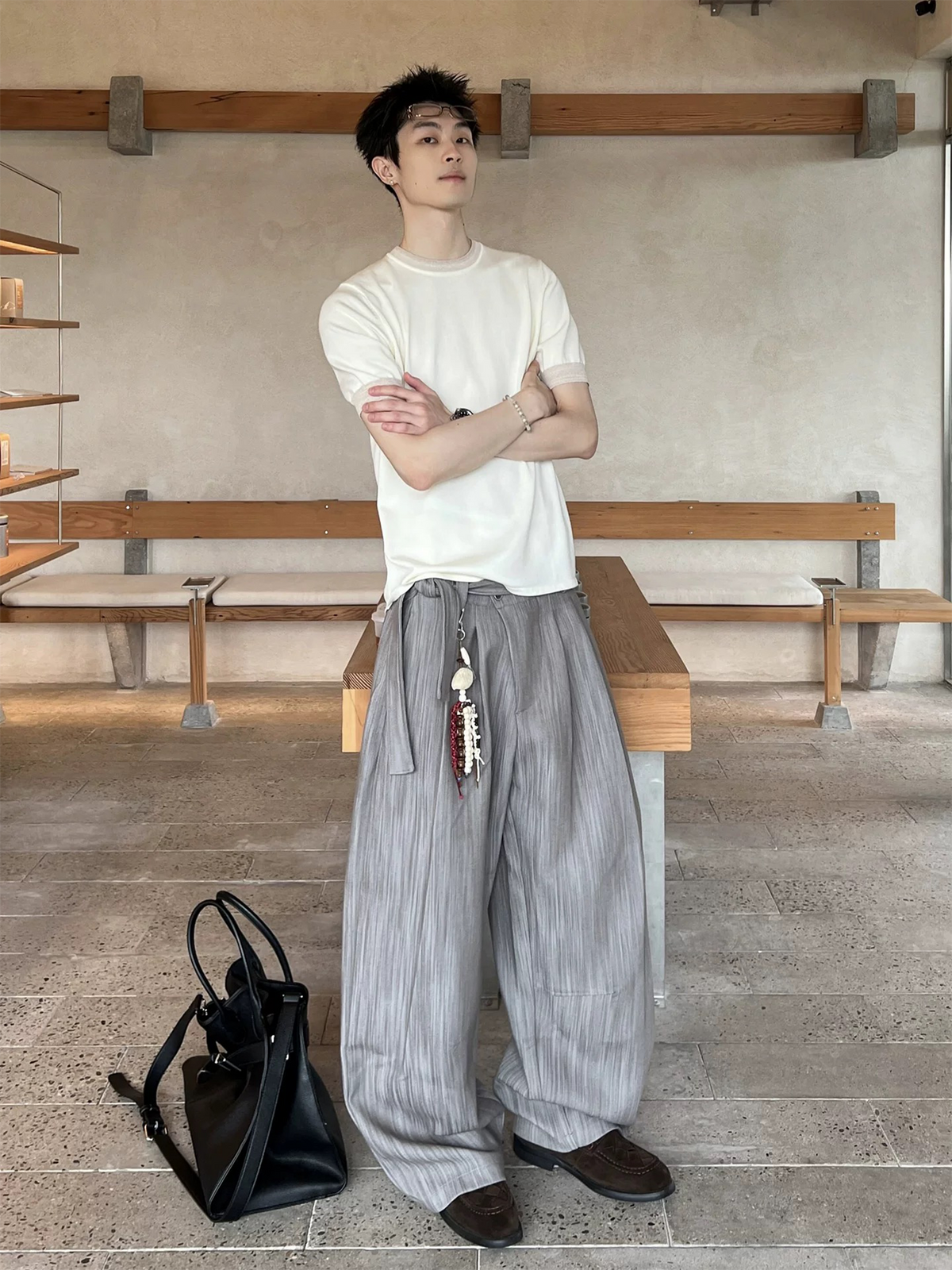 REMODUTION Asymmetrical Pleated Wide-Leg Trousers