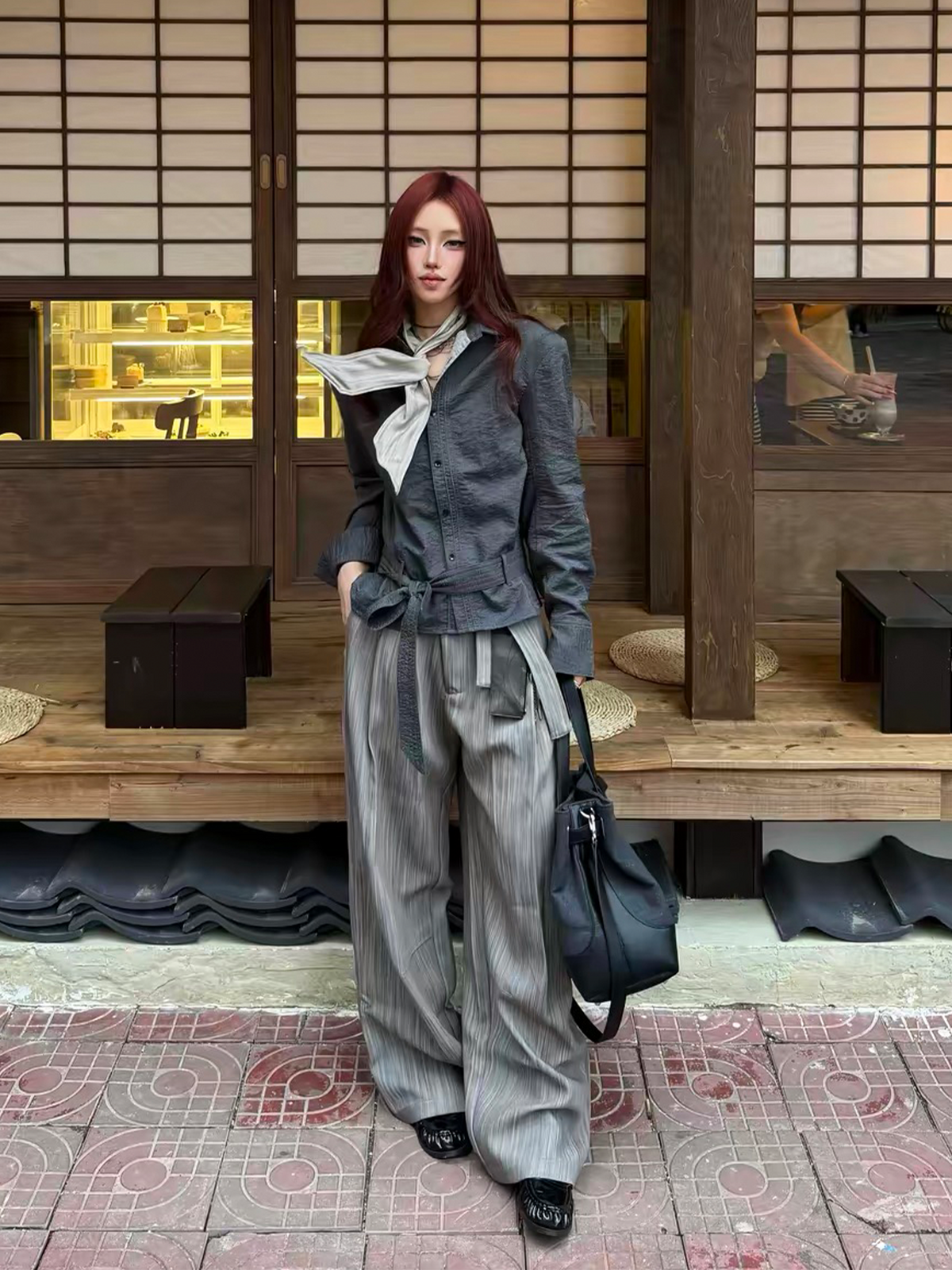 REMODUTION Asymmetrical Pleated Wide-Leg Trousers