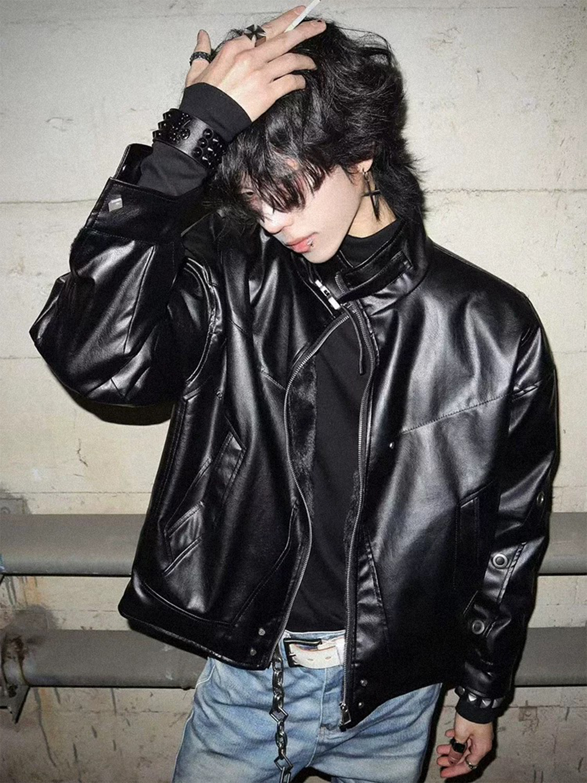 REMODUTION Faux Leather Stand-Collar Jacket
