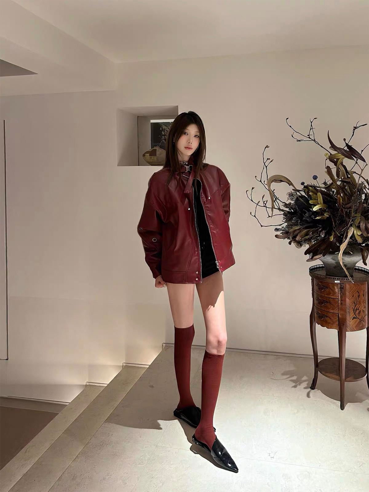REMODUTION Faux Leather Stand-Collar Jacket