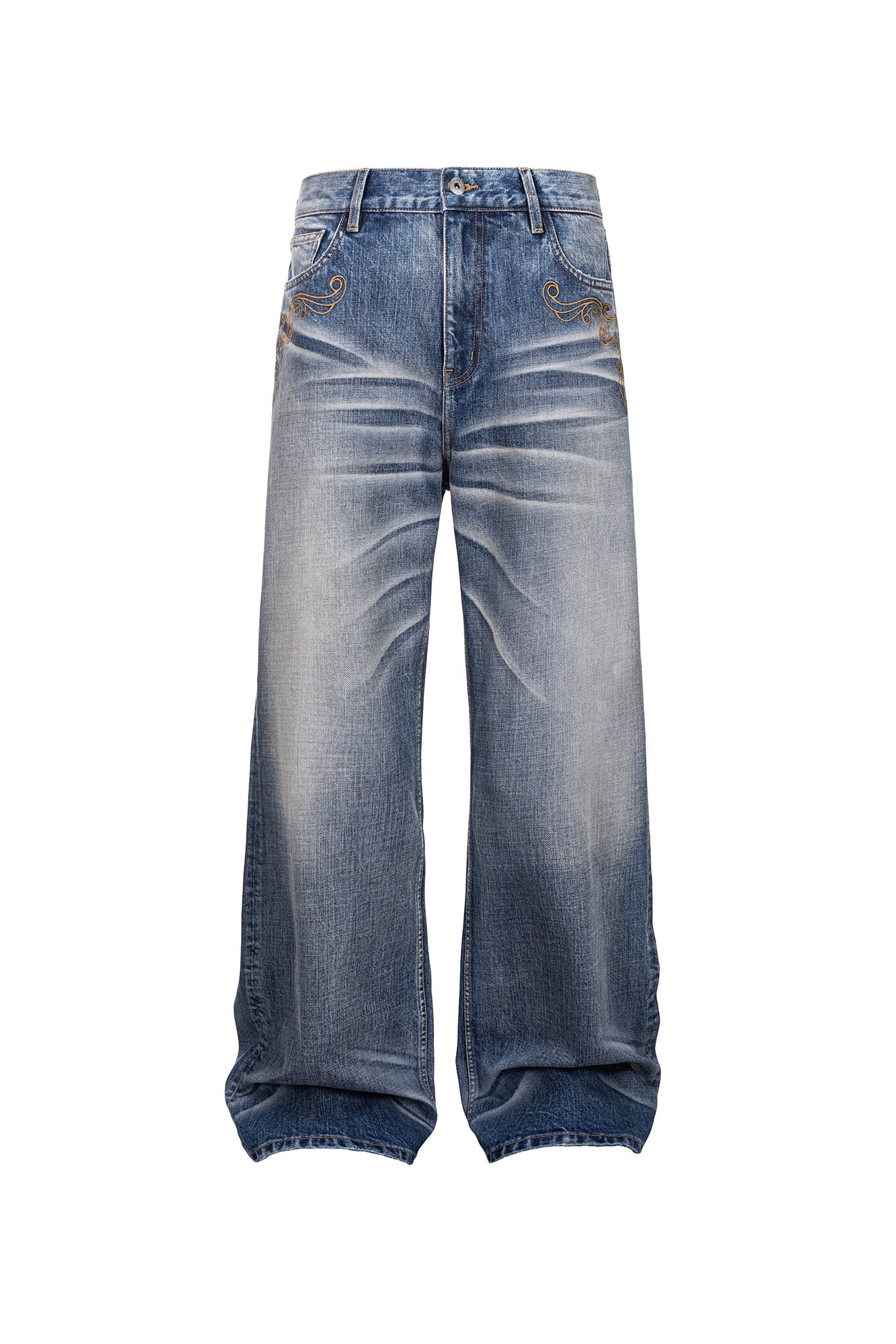 CATSSTAC Vine Scroll Embroidery Whisker-Washed Straight-Leg Jeans, premium urban and streetwear designers apparel on PROJECTISR.com, CATSSTAC