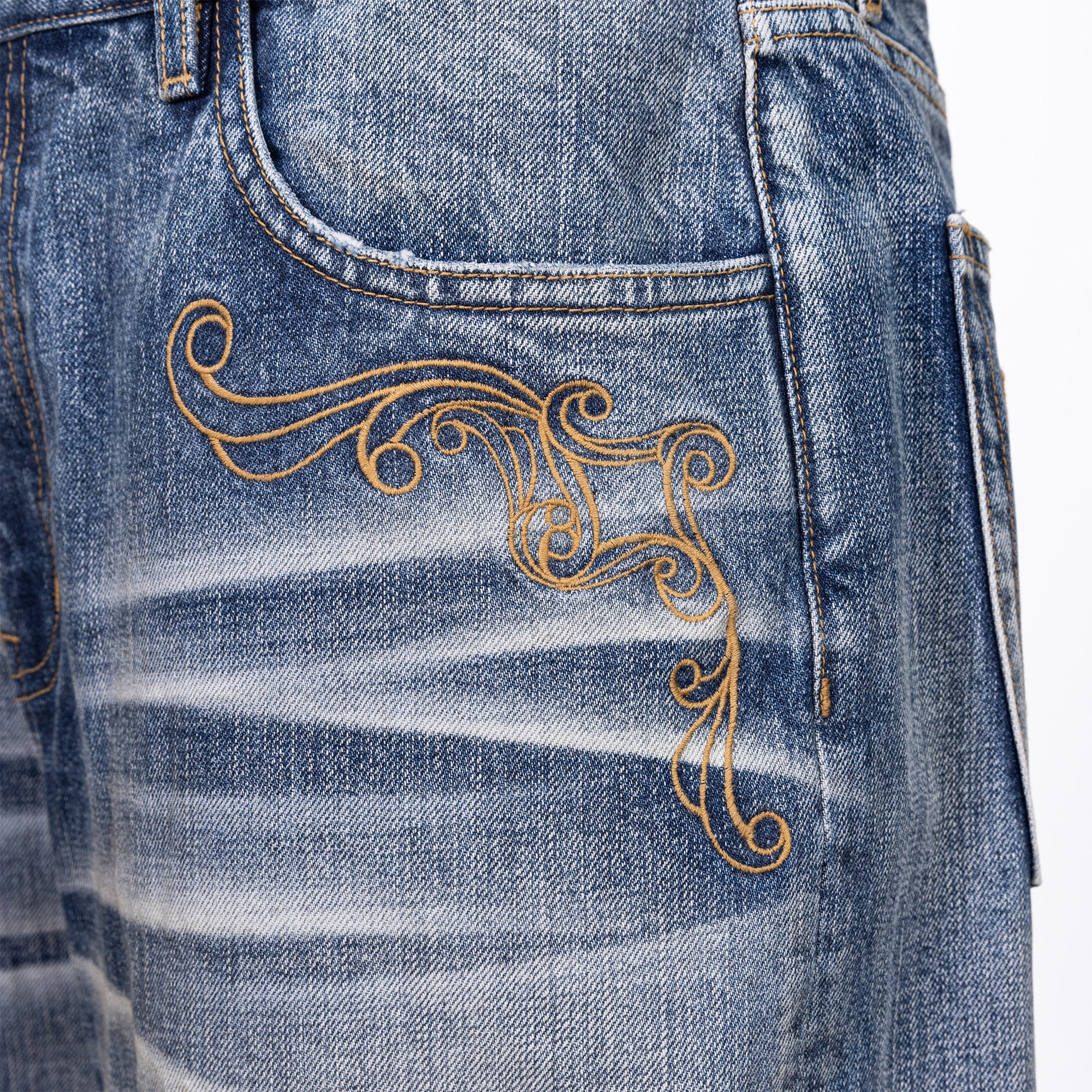 CATSSTAC Vine Scroll Embroidery Whisker-Washed Straight-Leg Jeans, premium urban and streetwear designers apparel on PROJECTISR.com, CATSSTAC