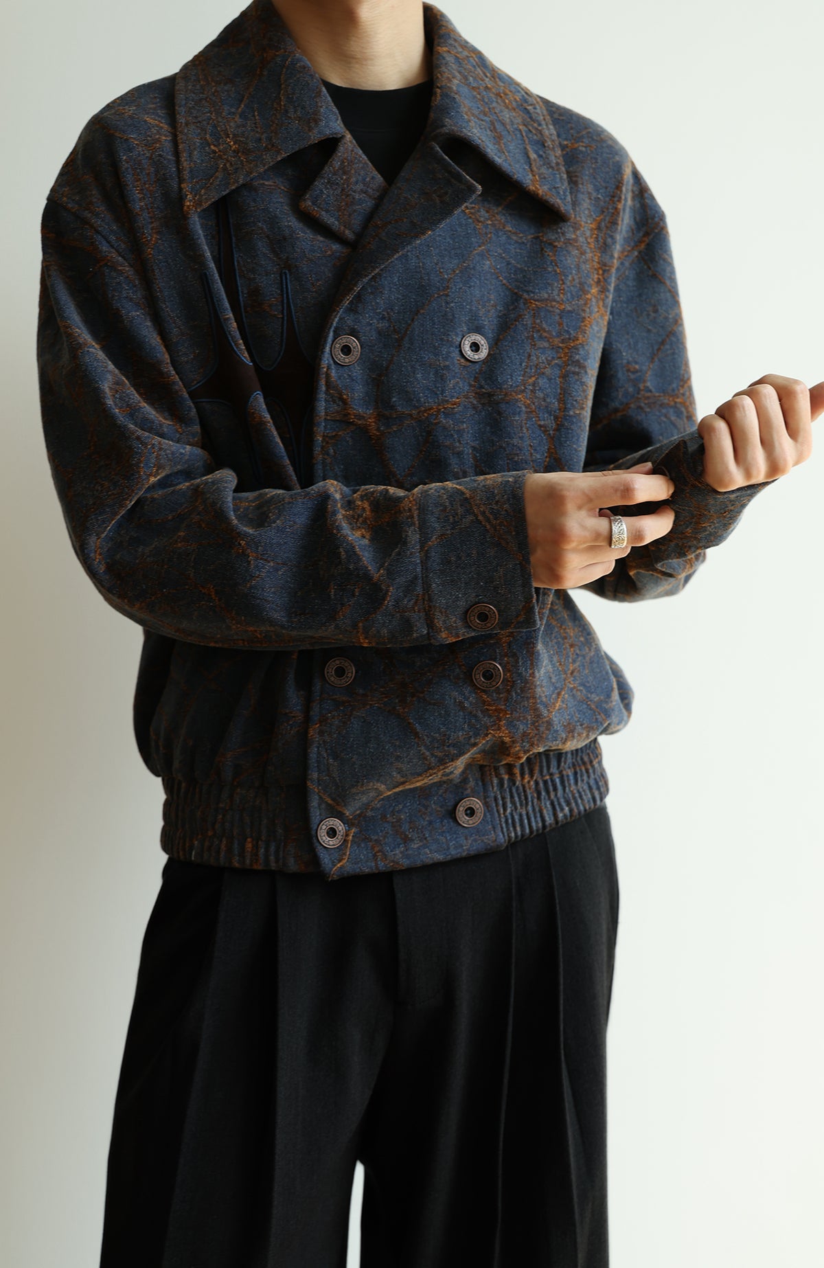 OKAYTHXBYE Flocked Suede Patchwork Crinkle-Denim Jacket