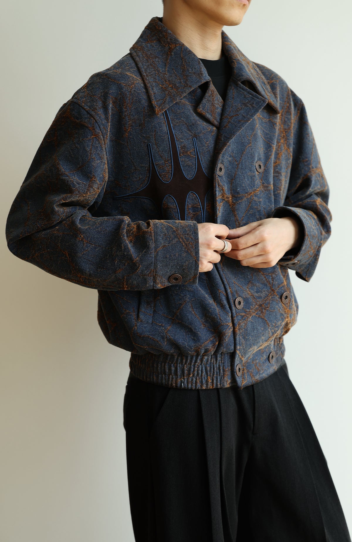 OKAYTHXBYE Flocked Suede Patchwork Crinkle-Denim Jacket
