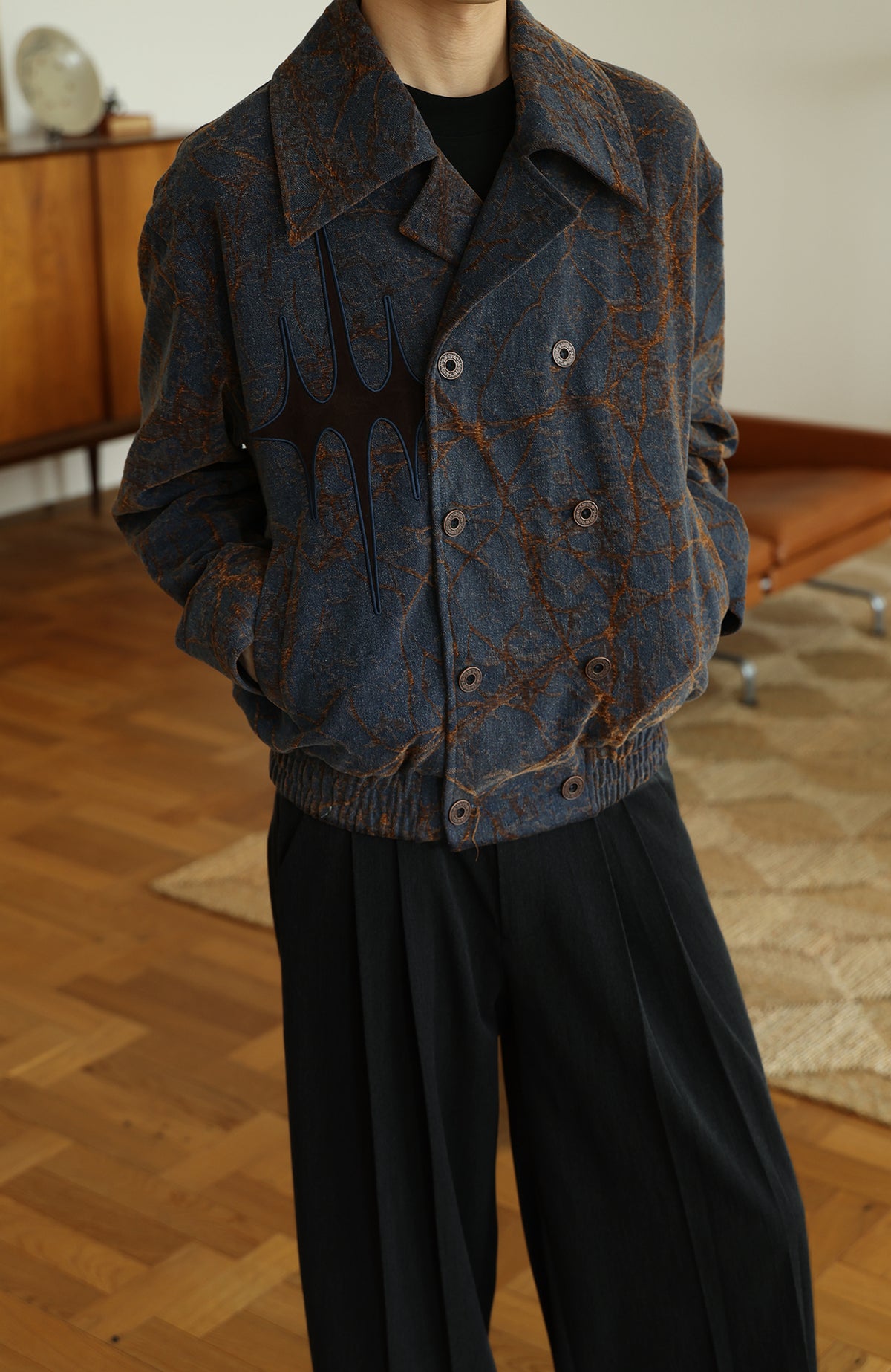 OKAYTHXBYE Flocked Suede Patchwork Crinkle-Denim Jacket