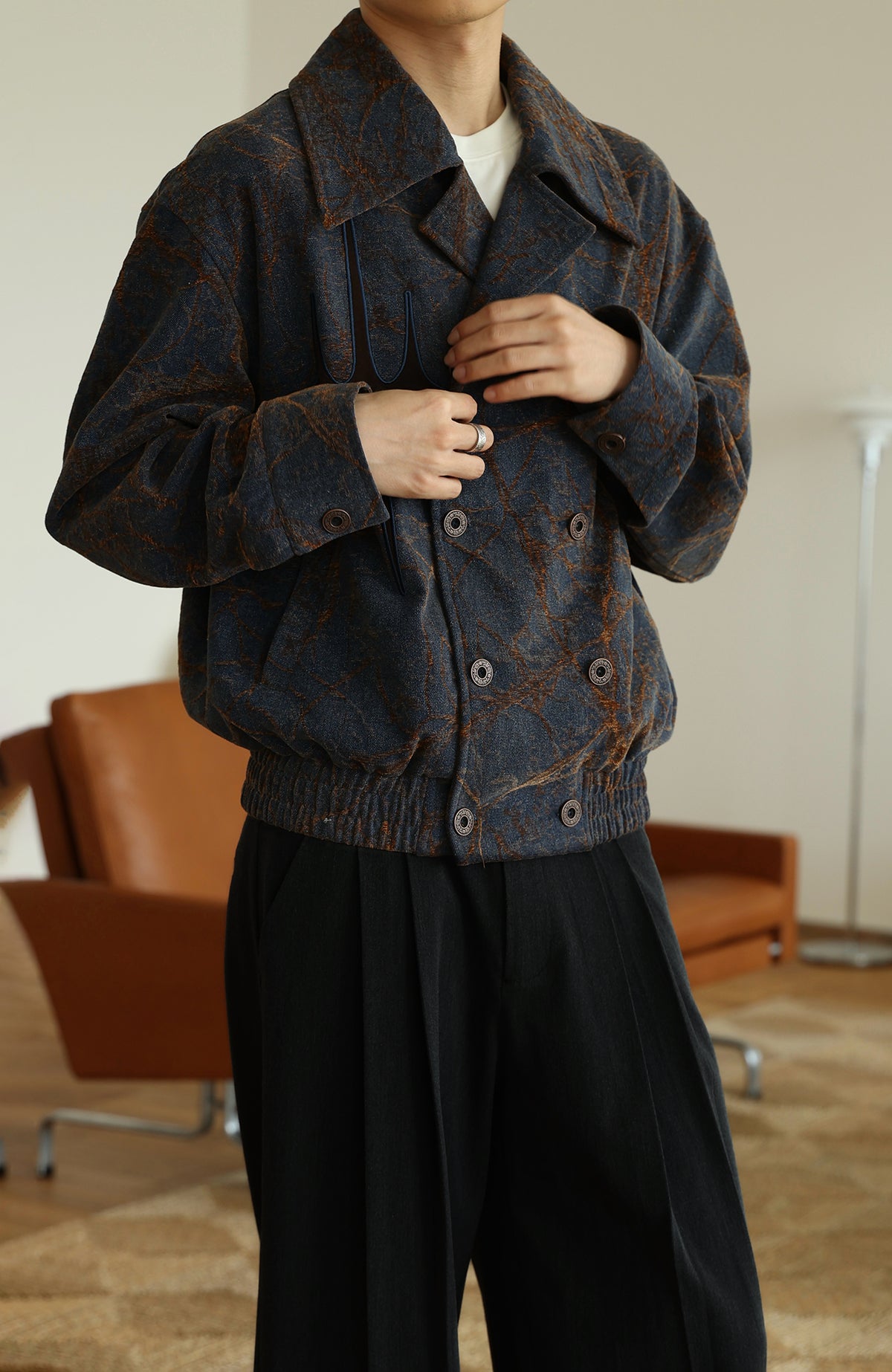 OKAYTHXBYE Flocked Suede Patchwork Crinkle-Denim Jacket