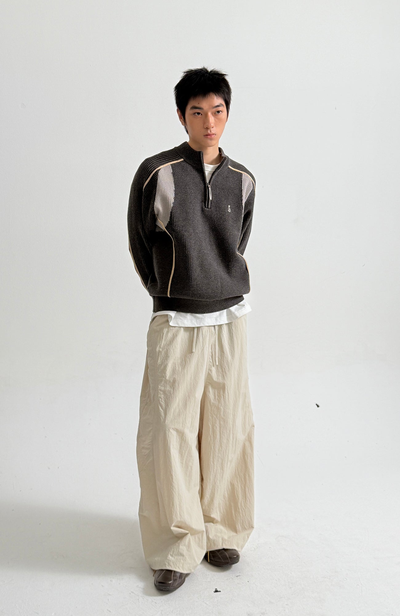 ROARINGWILD A ARCH Contrast Panel Raglan Half-Zip Sweater