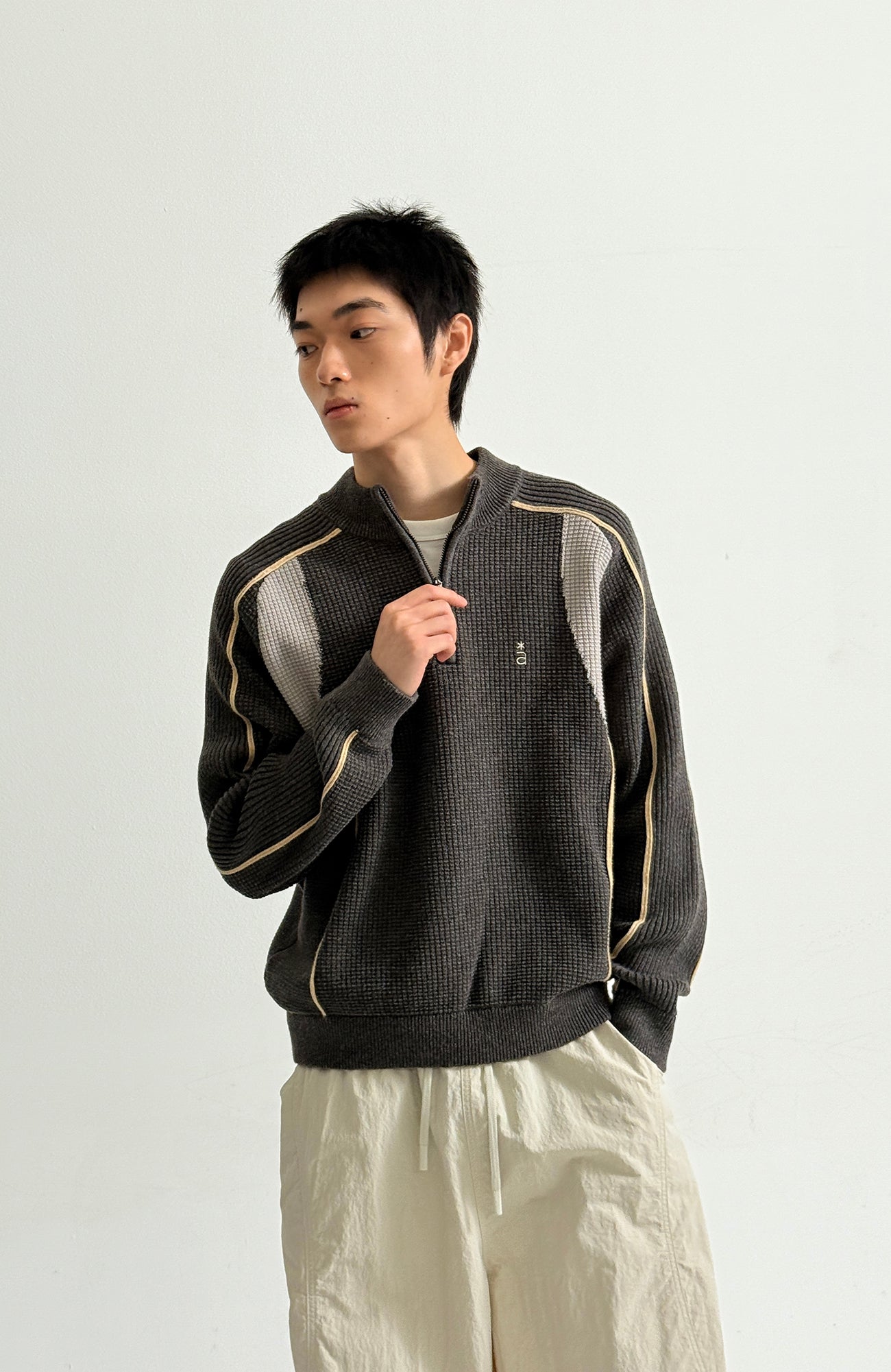 ROARINGWILD A ARCH Contrast Panel Raglan Half-Zip Sweater