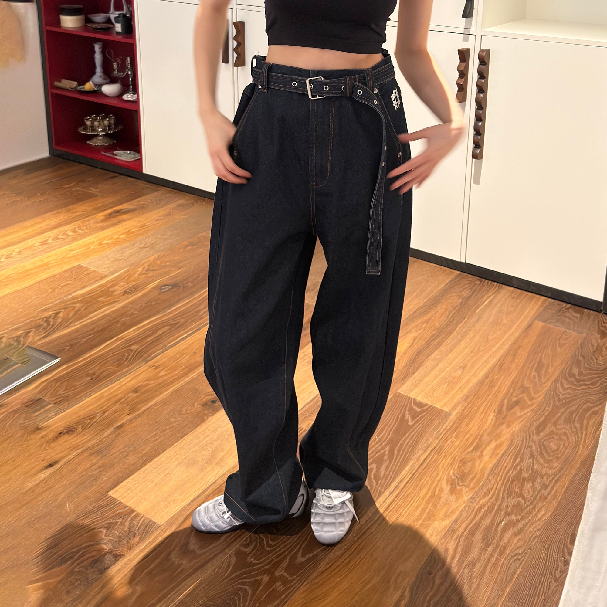 MIICHOUS Belted Curved-Leg Embroidered Raw Denim, premium urban and streetwear designers apparel on PROJECTISR.com, MIICHOUS