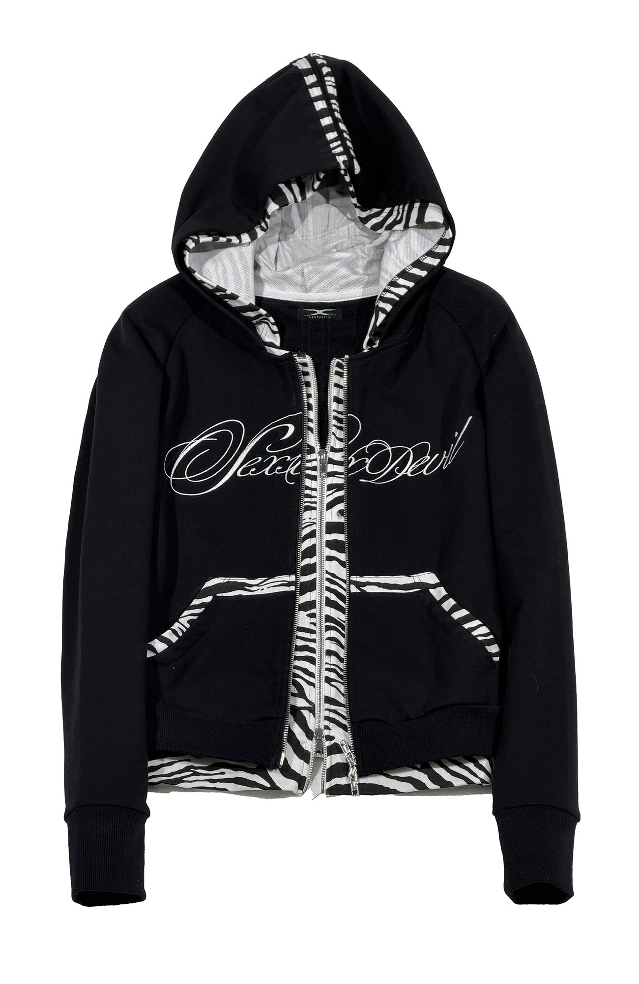 SEXXDEVIL Zebra-Spliced Embroidered Layered Zip-Up Hoodie