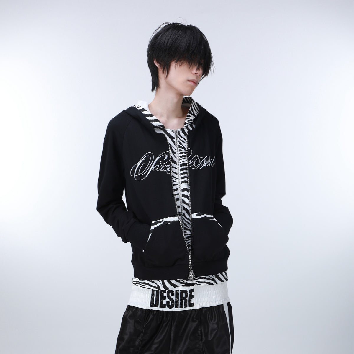 SEXXDEVIL Zebra-Spliced Embroidered Layered Zip-Up Hoodie