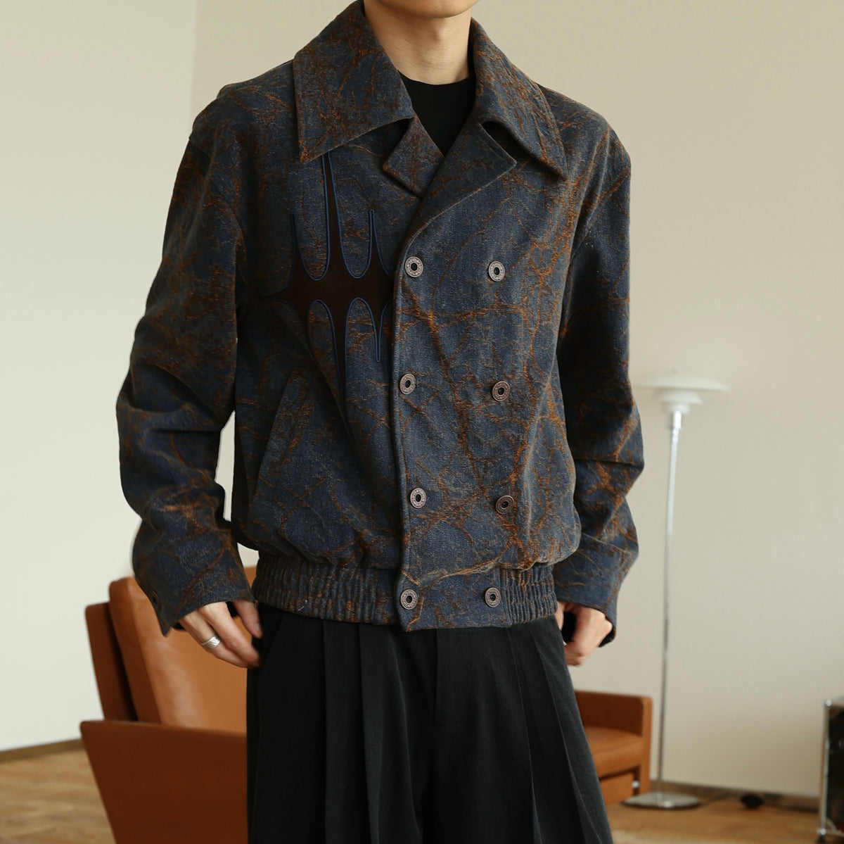 OKAYTHXBYE Flocked Suede Patchwork Crinkle-Denim Jacket
