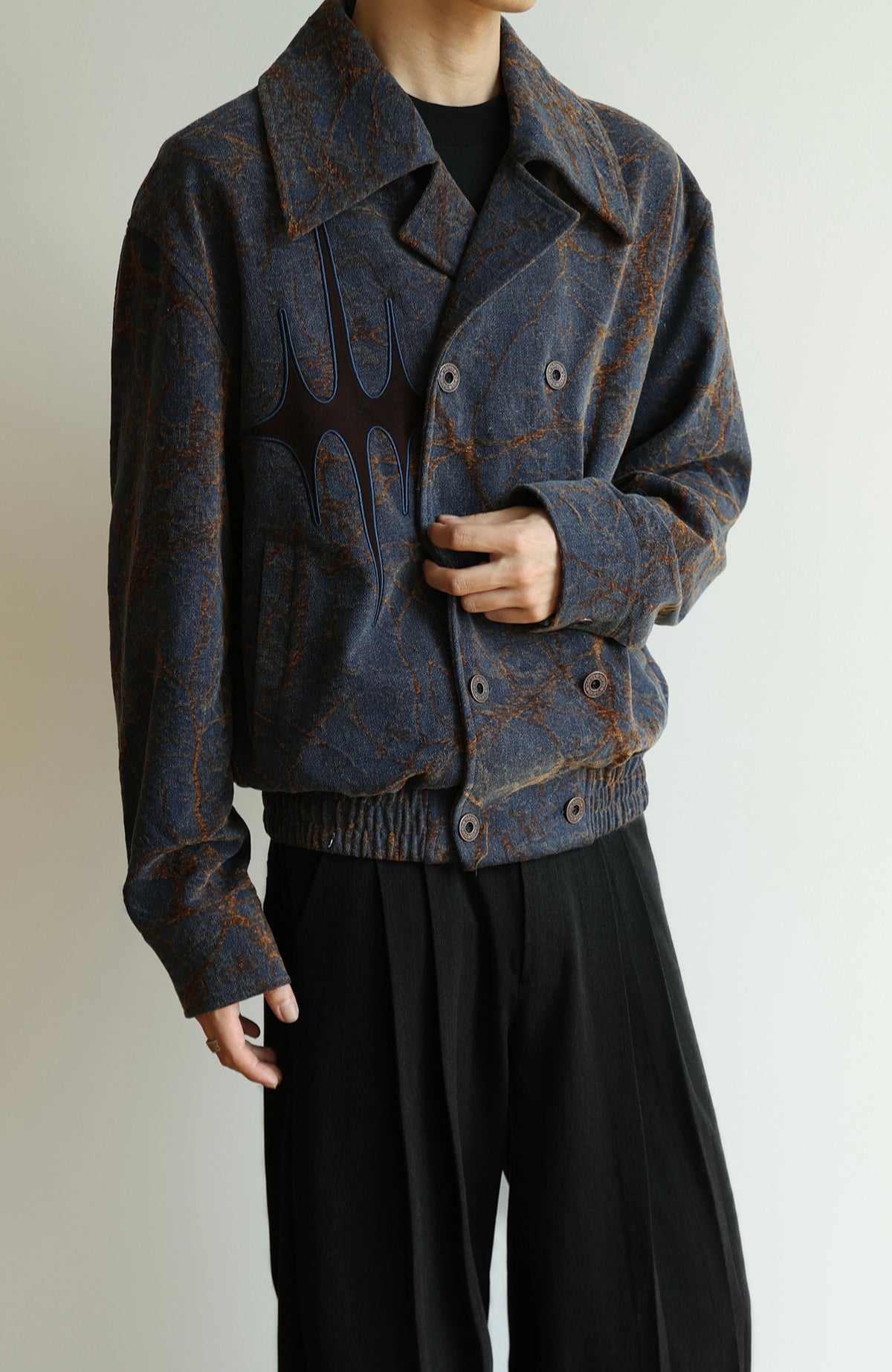 OKAYTHXBYE Flocked Suede Patchwork Crinkle-Denim Jacket
