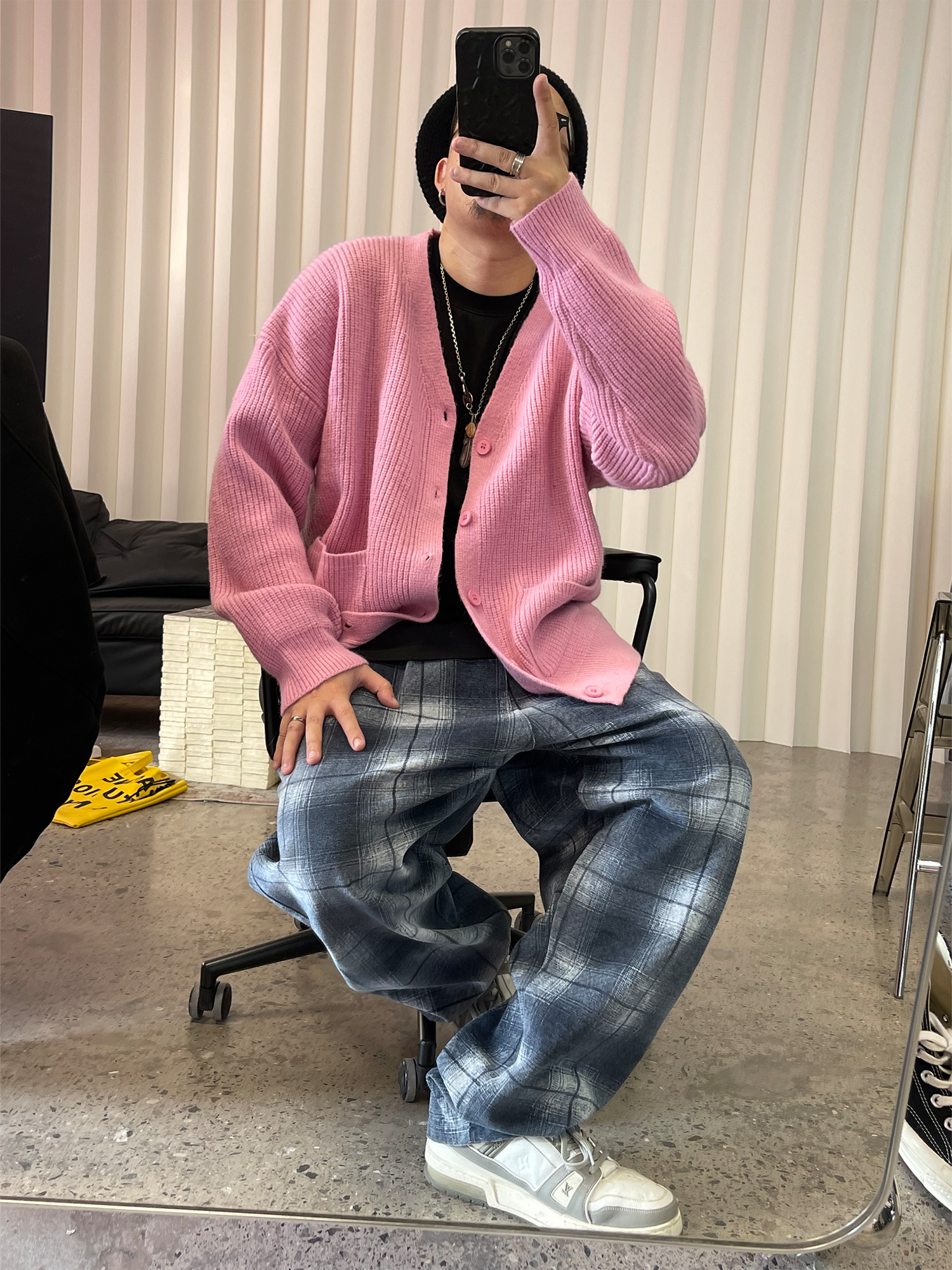 ME DA IGUAL Washed Plaid Tappered Pants Gray