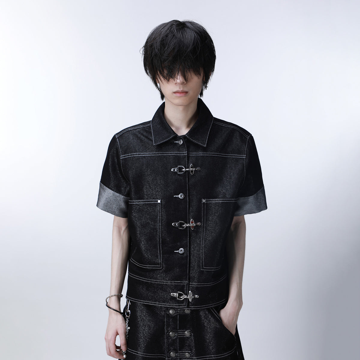 SEXXDEVIL Silver Thread Stand-Collar Raw Denim Jacket