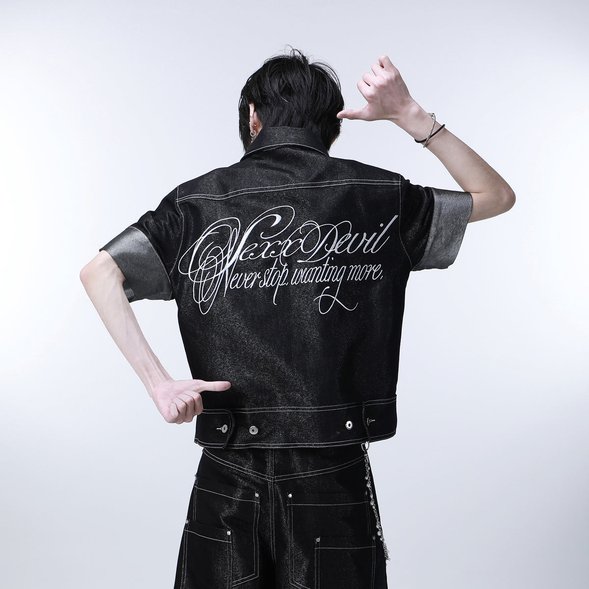 SEXXDEVIL Silver Thread Stand-Collar Raw Denim Jacket