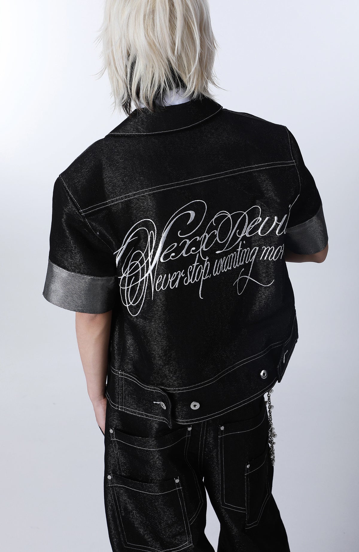 SEXXDEVIL Silver Thread Stand-Collar Raw Denim Jacket