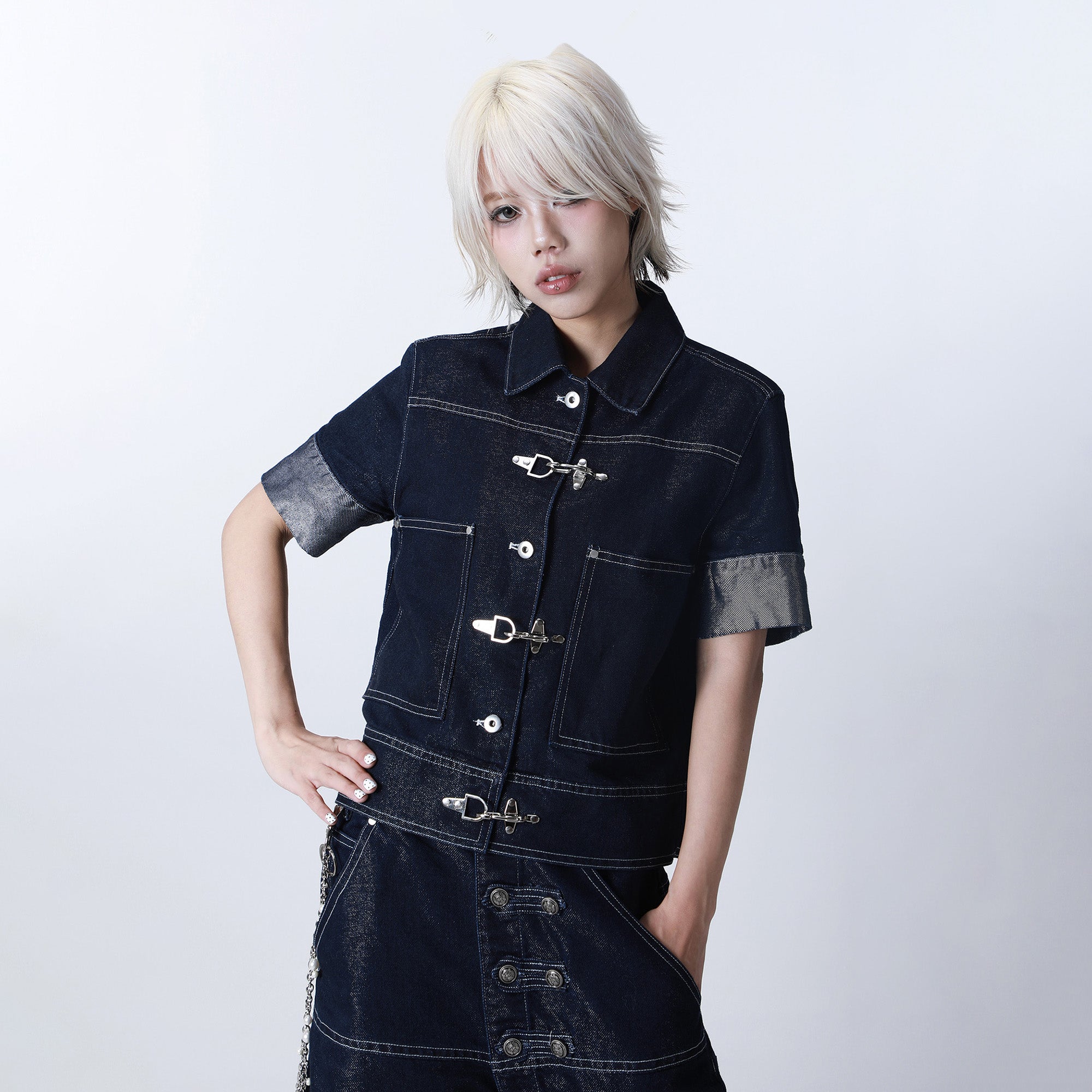 SEXXDEVIL Silver Thread Stand-Collar Raw Denim Jacket