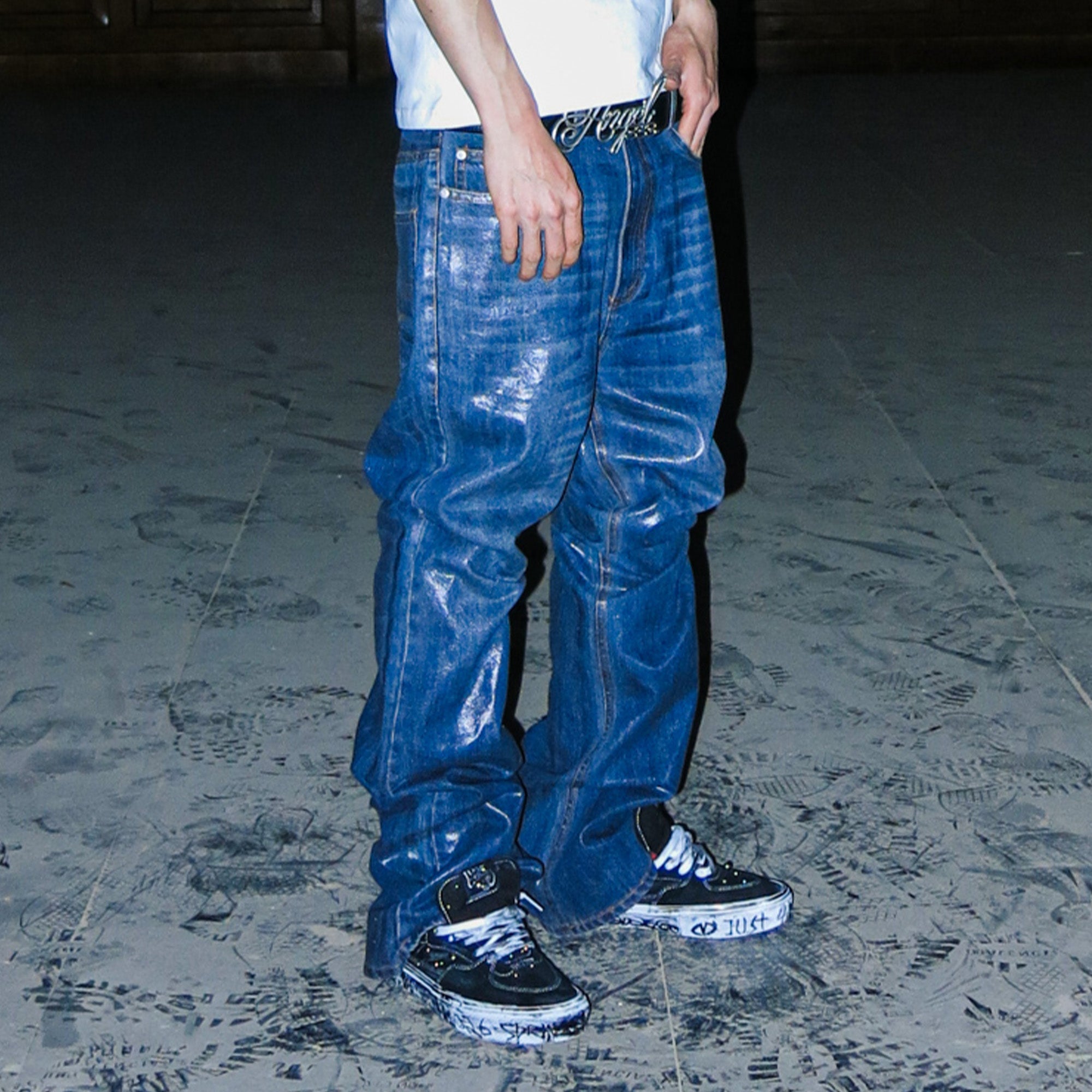 PCCVISION Resin-Coated Flared Jeans, premium urban and streetwear designers apparel on PROJECTISR.com, PCCVISION