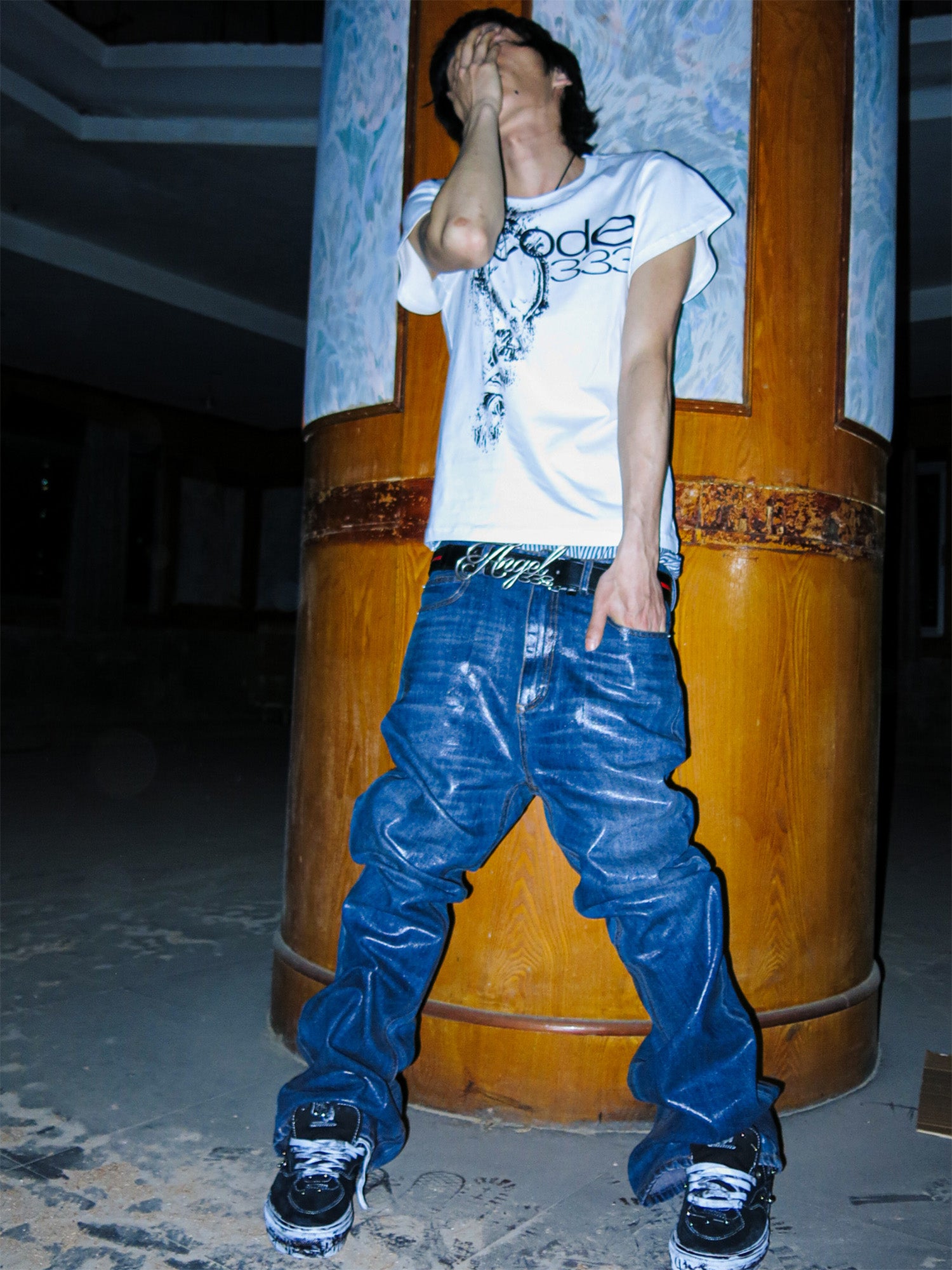 PCCVISION Resin-Coated Flared Jeans, premium urban and streetwear designers apparel on PROJECTISR.com, PCCVISION