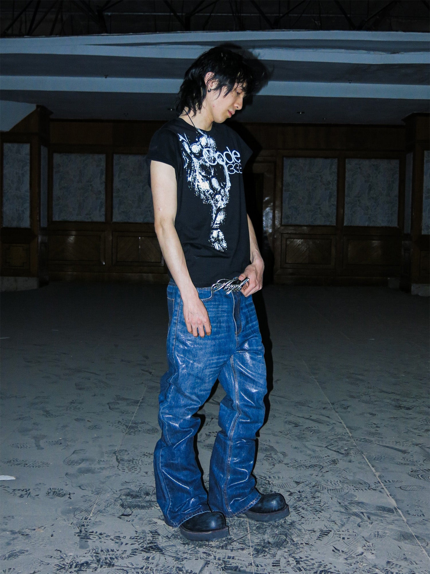 PCCVISION Resin-Coated Flared Jeans, premium urban and streetwear designers apparel on PROJECTISR.com, PCCVISION