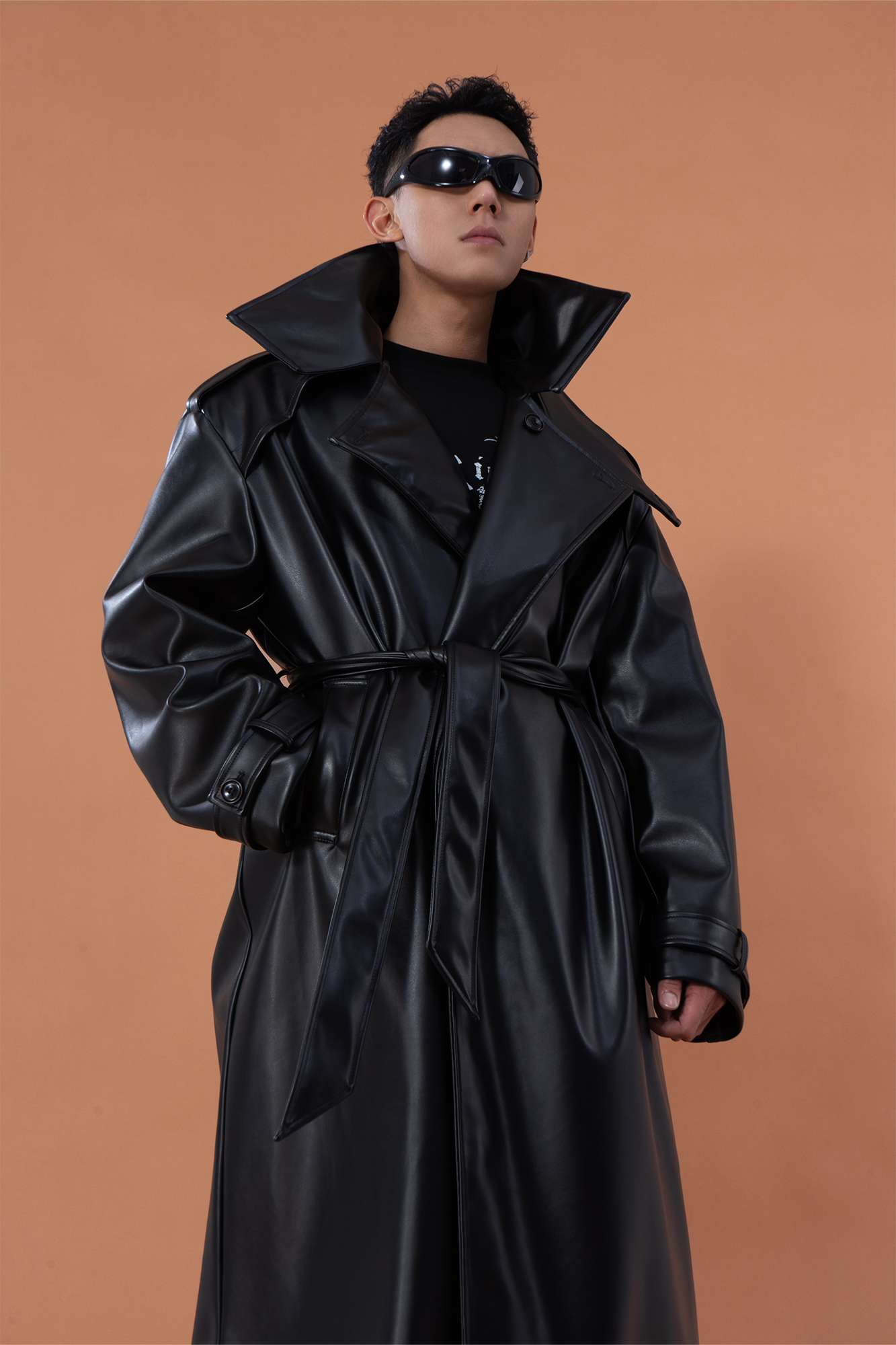 CLP Glossy Faux Leather Belted Trench Coat