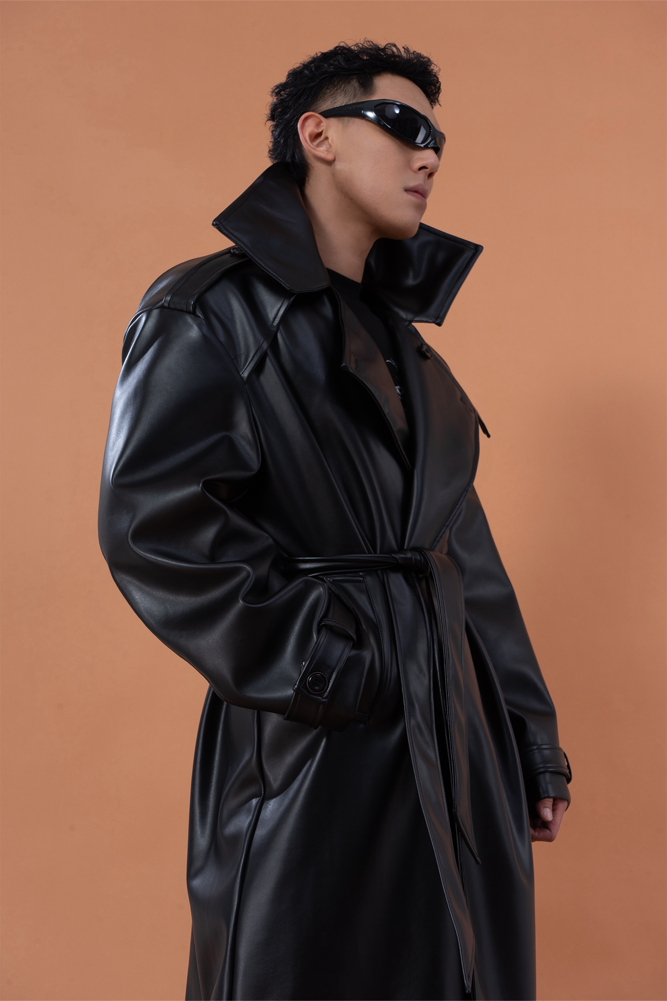 CLP Glossy Faux Leather Belted Trench Coat