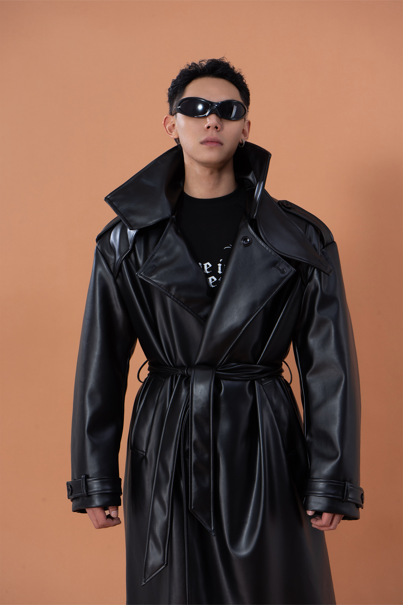 CLP Glossy Faux Leather Belted Trench Coat