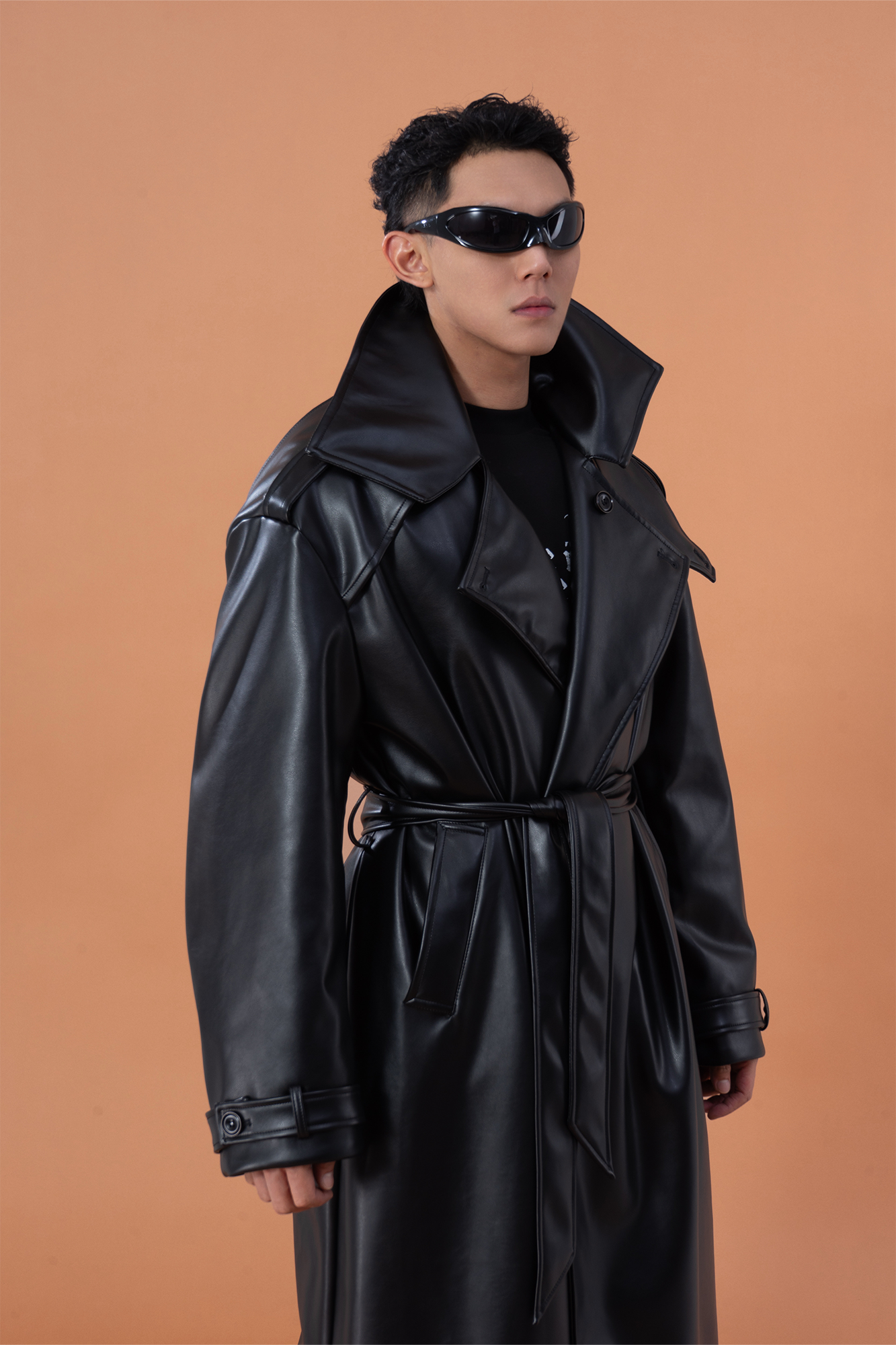 CLP Glossy Faux Leather Belted Trench Coat